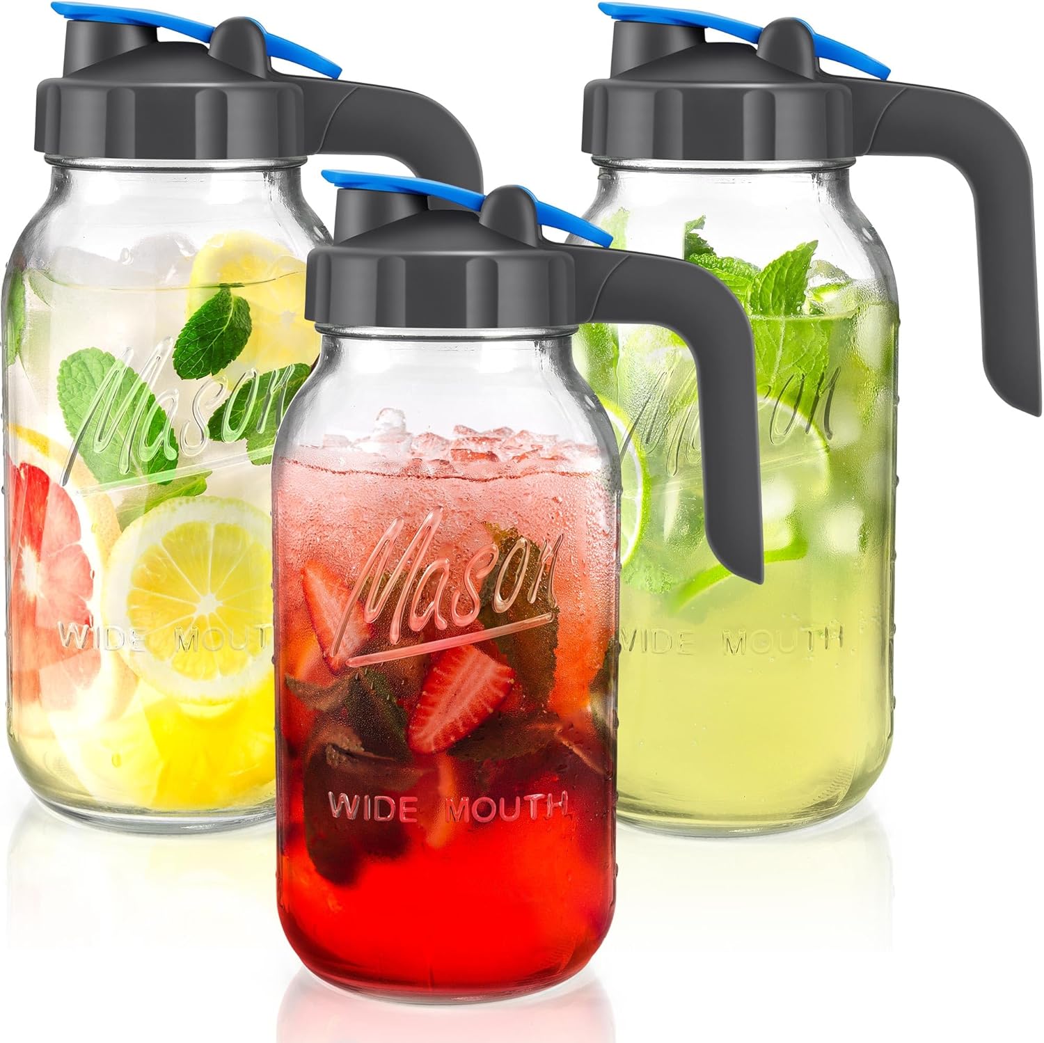 3 Pack 64oz Glass Mason Jar Pitchers with Lids, Sun Tea Pitchers for Outside, Ice
