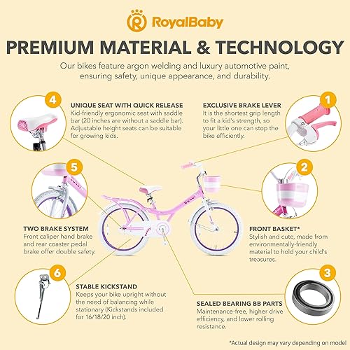 Miniatura 6 de Royalbaby Princess - Bicicleta para niñas de 12, 14, 16, 18, 20 pulgadas, con cesta para niños de 3 a 12 años