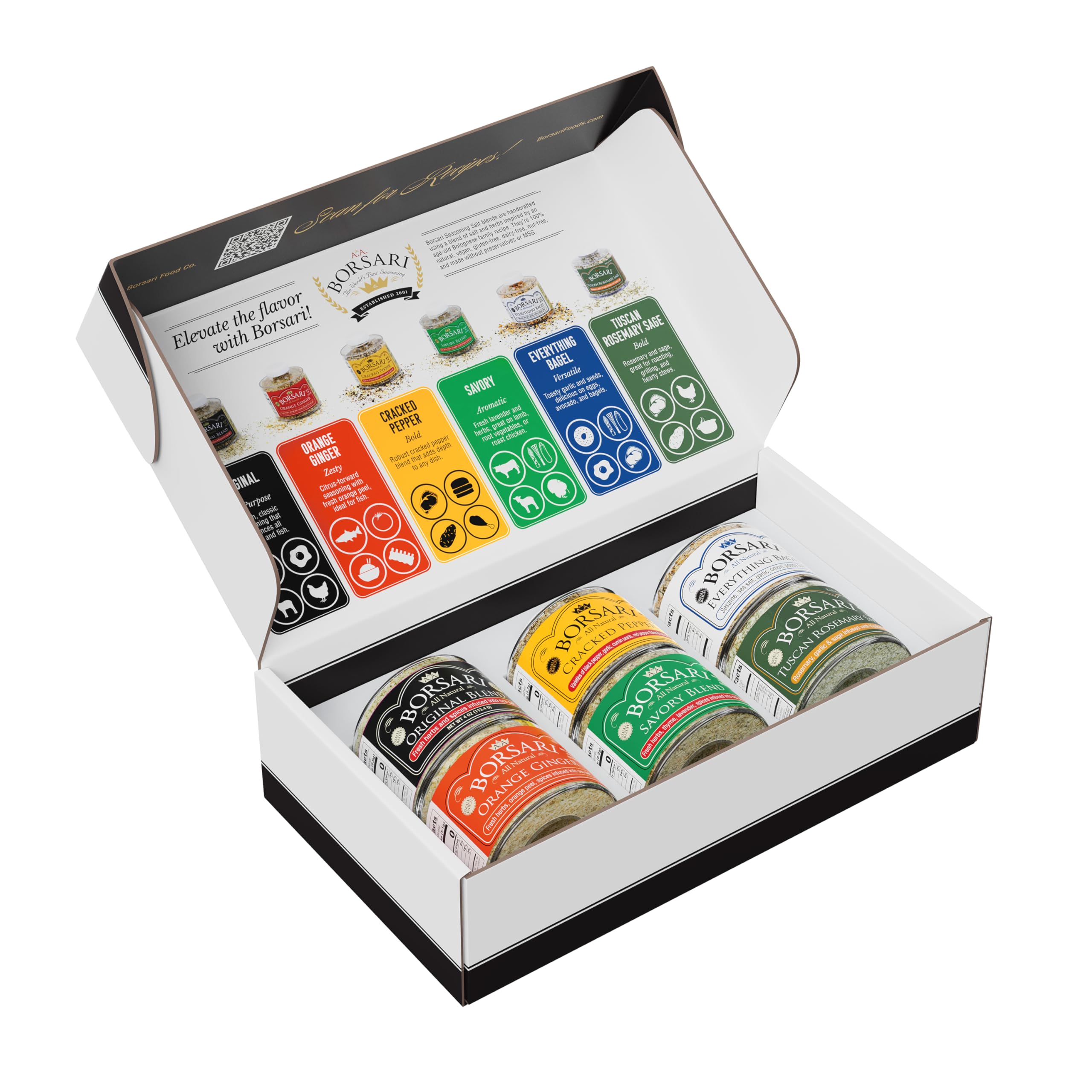 Borsari Seasoned Salt Gift Set - Original, Savory, Cracked Pepper, Tuscan Rosemary Sage, Orange Ginger, Everything Bagel - Gluten Free Gourmet Sea Salt Blends - Set of 6, 3-4oz Shaker Bottles