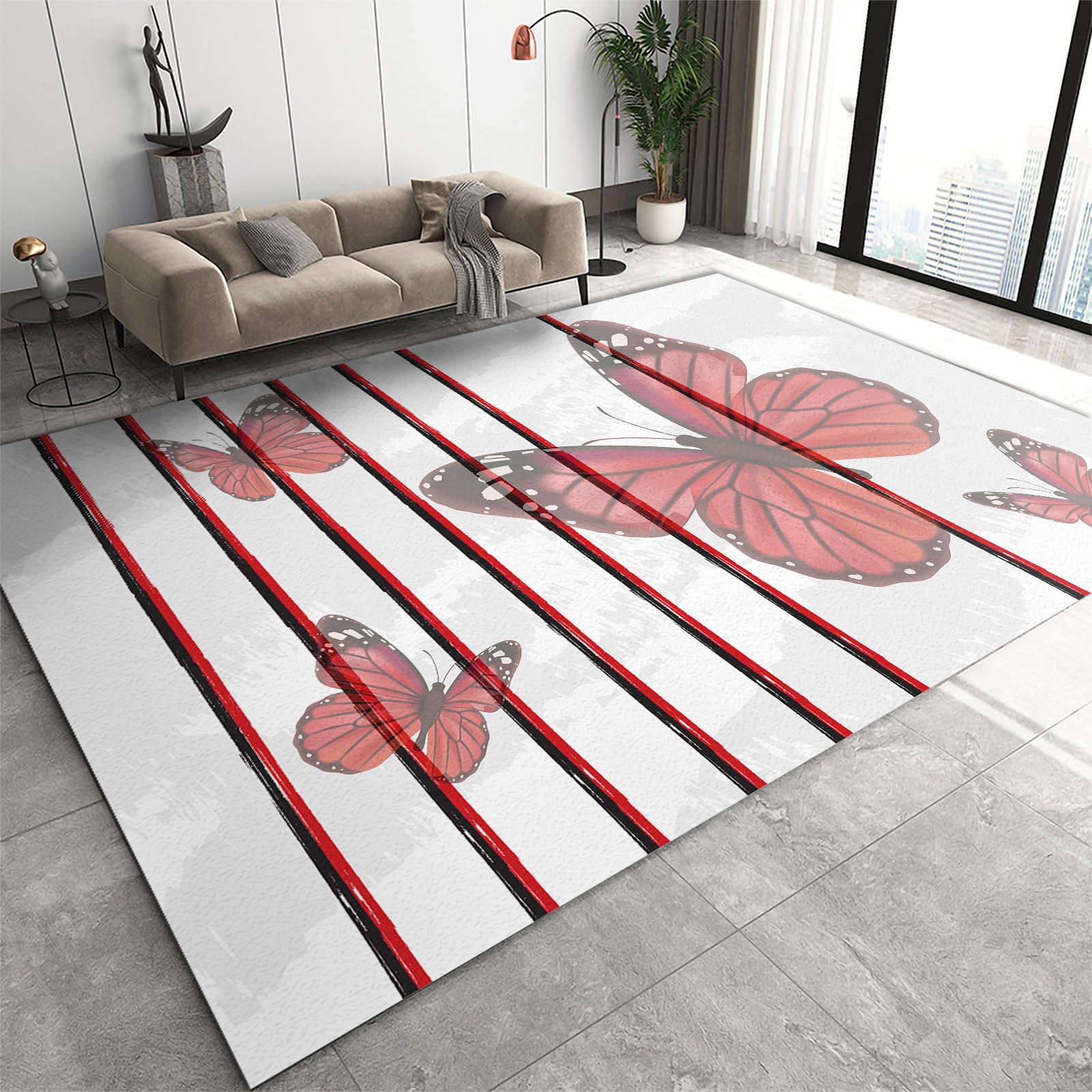Area Rug 120x170cm Boho Rugs for Entryway, Butterfly Stripe Print Washable Front Door Area Rug, Indoor Kitchen Area Rug, Natural Non Slip Front Porch Mat Floor Carpet for Classroom Bedroom Office
