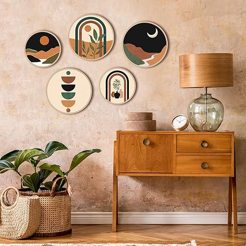 Miniatura 4 de 5 piezas de arte de pared bohemio de madera para sala de estar, decoración bohemia para colgar en la pared, decoración rústica geométrica colgante