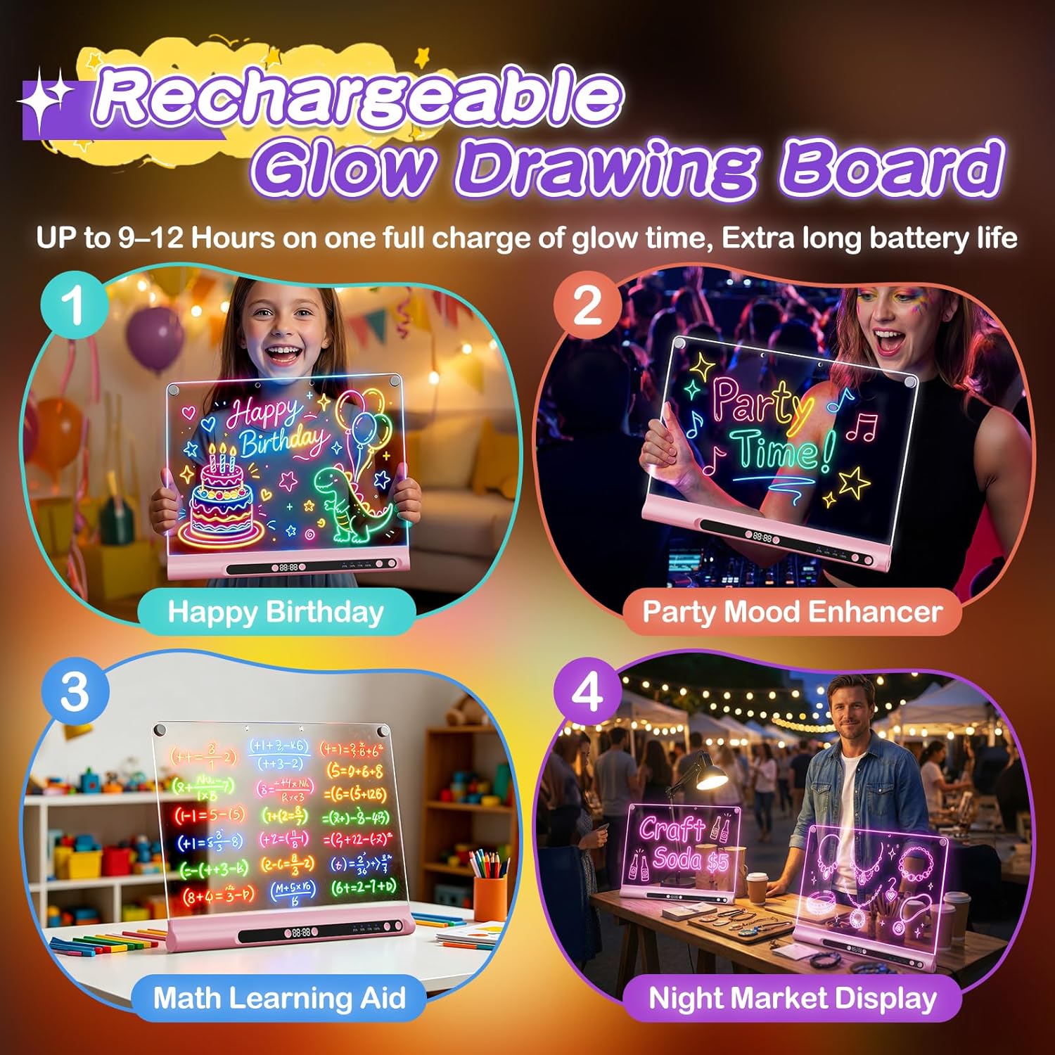 16" Rechargeable Led Drawing Board for Kids, 9-Color Neon Glow Drawing Tablet, Light Up Acrylic Dry Erase Board, Lumiboard Built-in Stand, Gift Toys for Kids/Girls/Grandkids, 6 Markers & Tracing Book