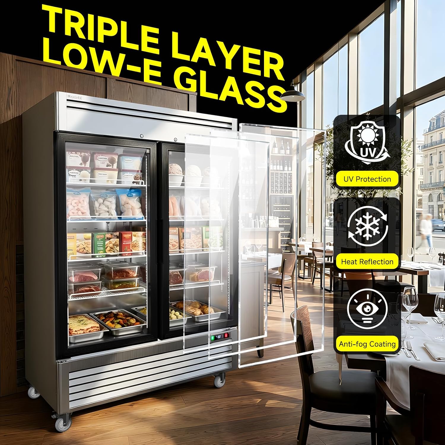 Coolski Commercial Display Frezzer 47.5 Cu.ft, Upright Glass Door Stainless Steel Merchandiser Fezzer with Auto Defrost & Built-in LED light strip for Supermarkets Cafes Stores, DOE ETL ETL SANTATION