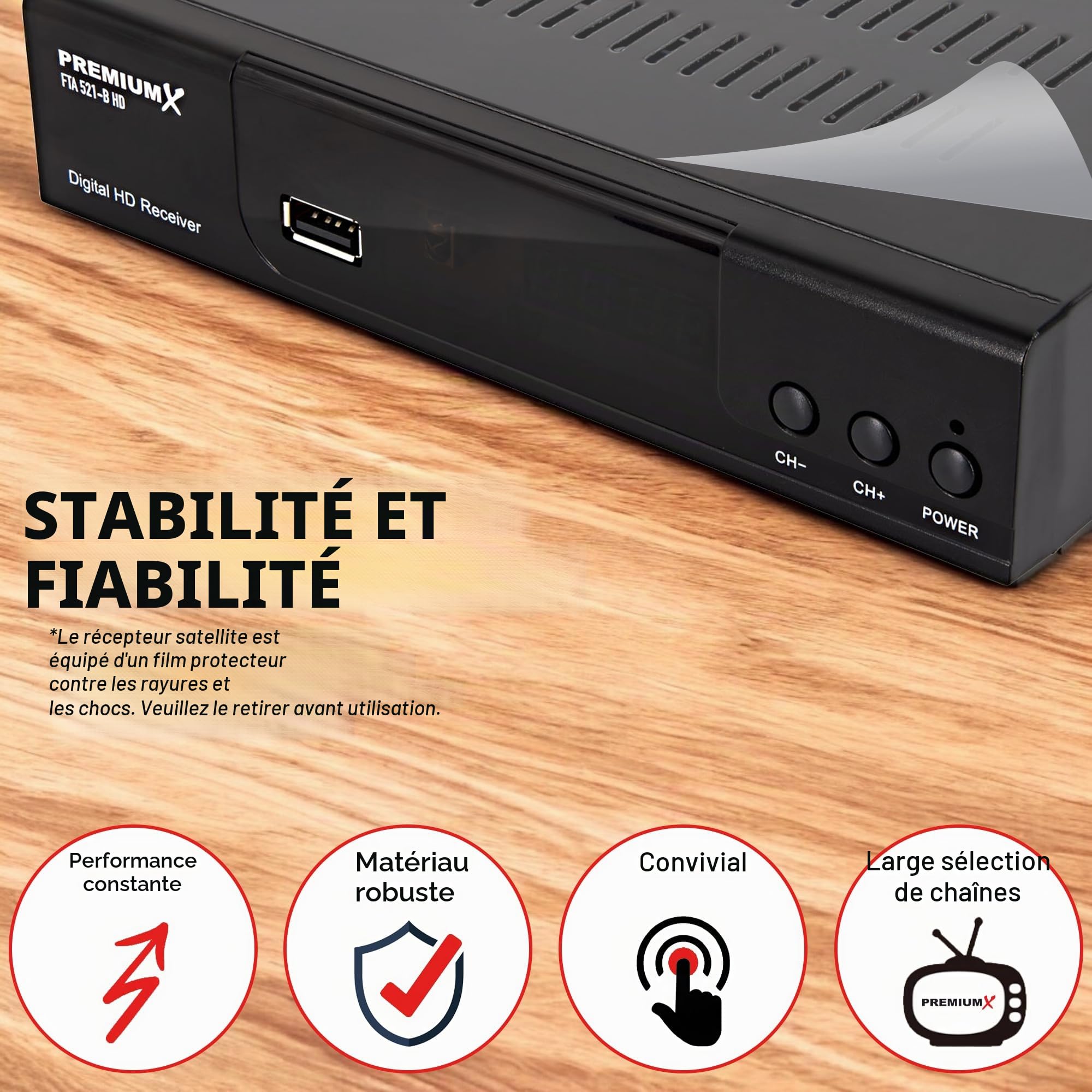 PremiumX Récepteur satellite HD 521 FTA numérique satellite DVB-S2 FullHD HDMI SCART 2X USB lecteur multimédia 12 V Bloc d'alimentation externe
