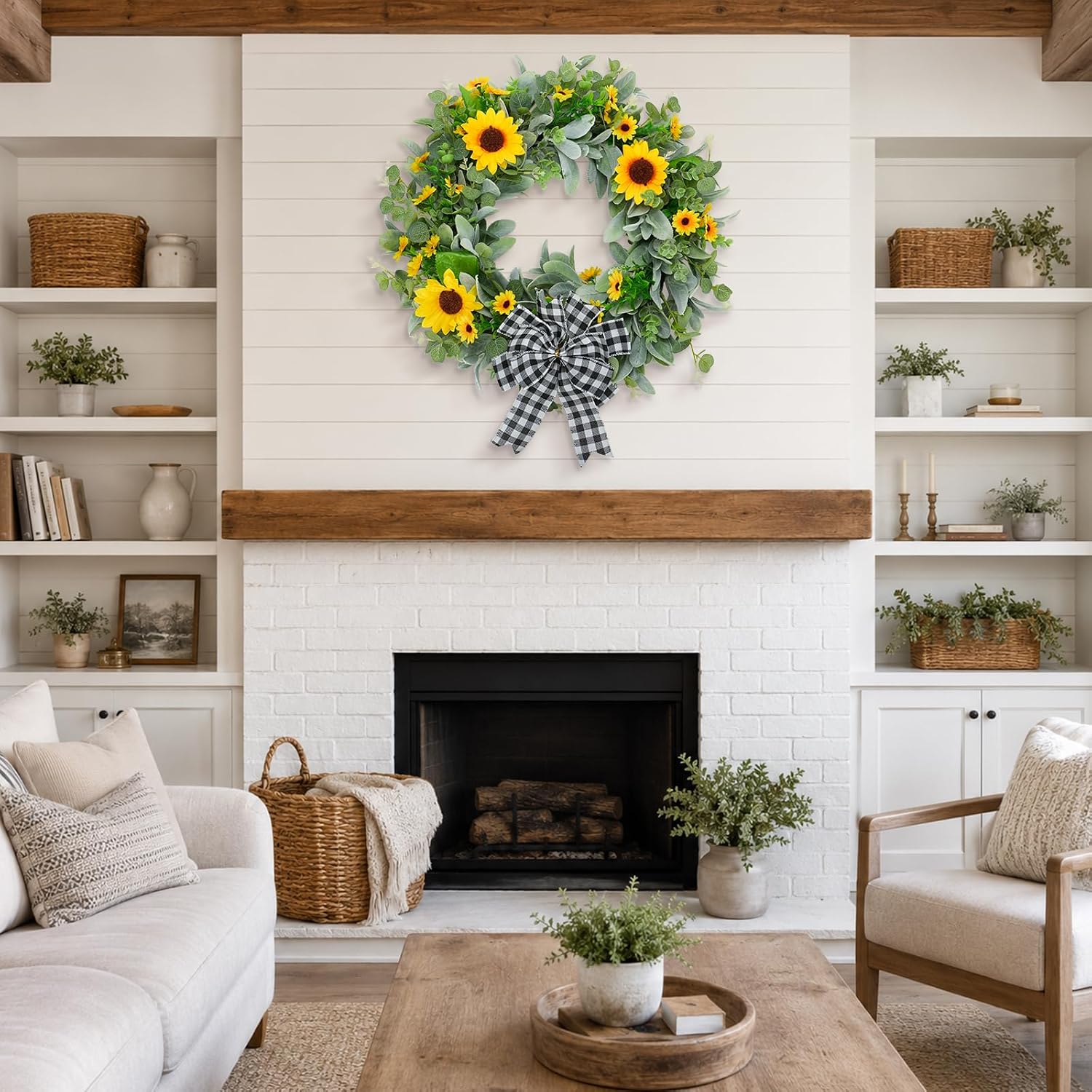 24" Sunflower Wreaths for Front Door, Rustic Summer Spring Front Door Wreath with Eucalyptus and Buffalo Plaid Bow for Indoor Outdoor Wall Window, Farmhouse Floral Wreath Decor for Porch