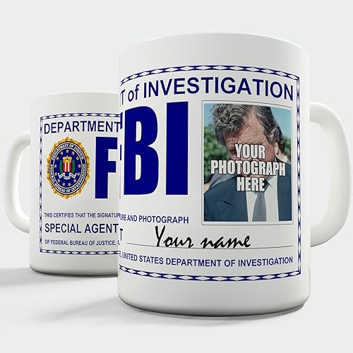 TWISTED ENVY Taza de café de cerámica de 11 onzas, personalizada con nombre e imagen, taza de café con insignia del FBI - Novedad, regalos