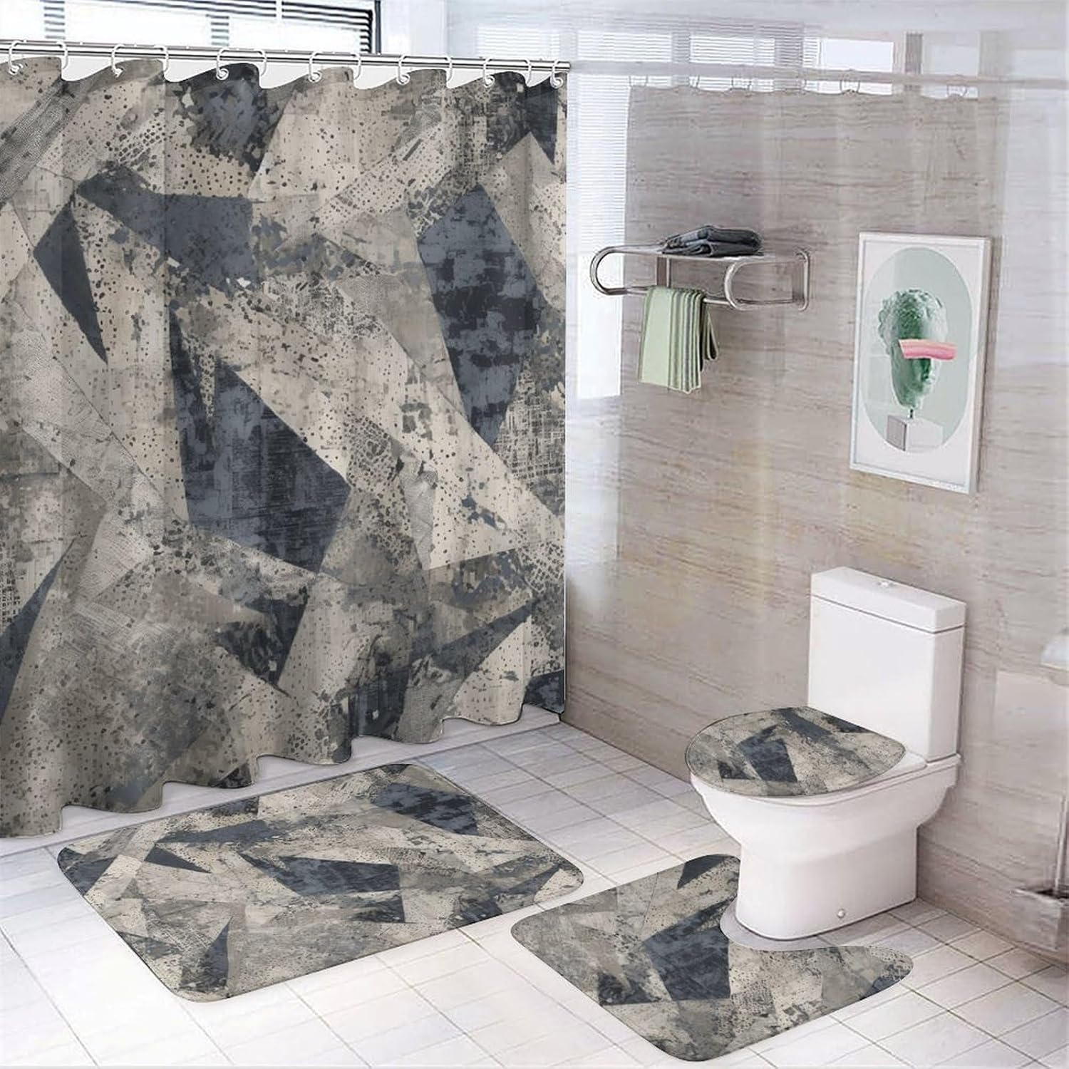 Intricately Textured Patterns 4Pcs Shower Curtain Set with Non-Slip Rugs, Toilet Lid Cover and Bath Mat,Bathroom Set Decor Accessories,Curtain Set with 12 Hooks, 72 X 72 Inch