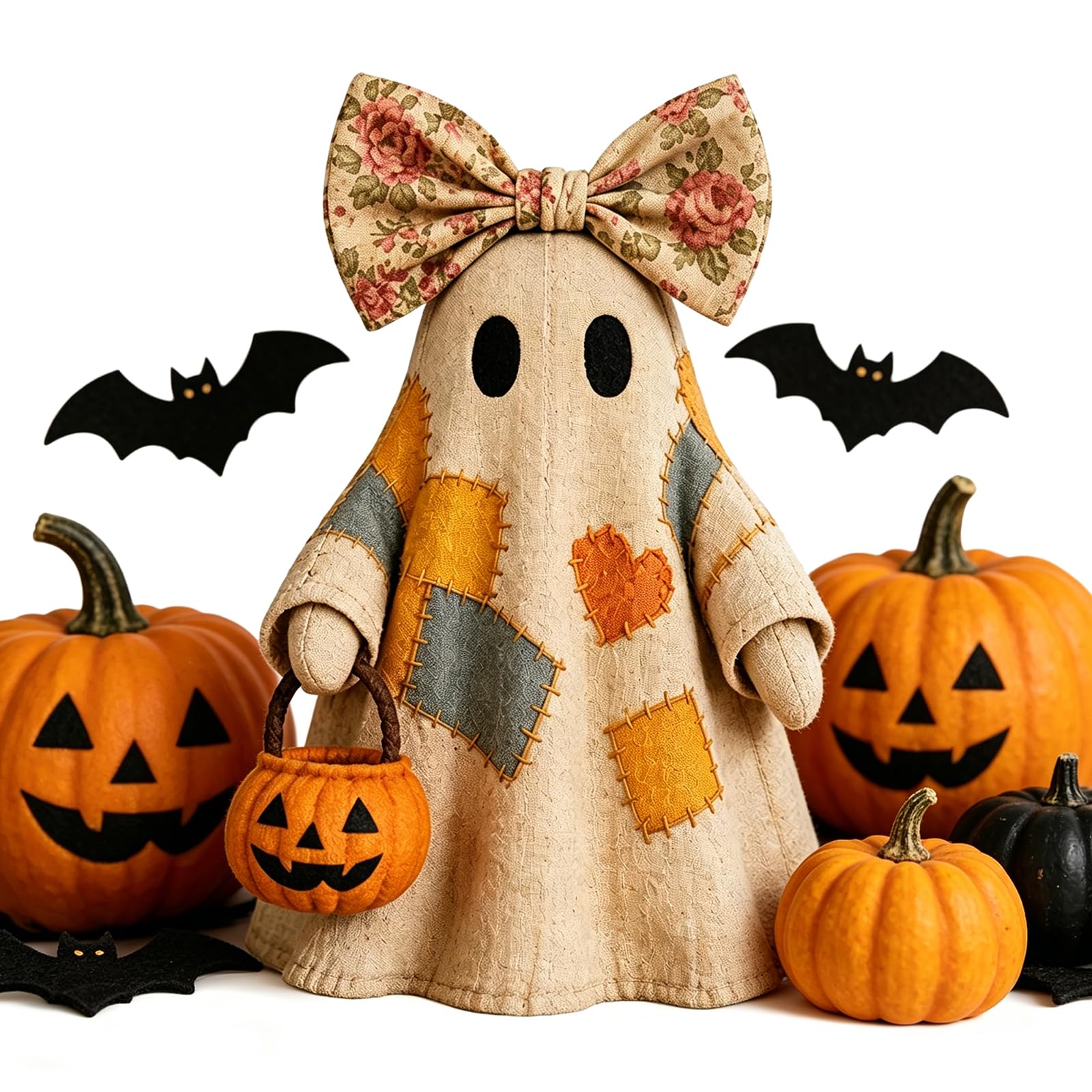 Halloween Lamp Vintage Ghost Decoration, LED Patchwork Ghost Ornament for Tabletop, Retro Glowing Figurine for Shelf Mantel Farmhouse Autumn Home Decor