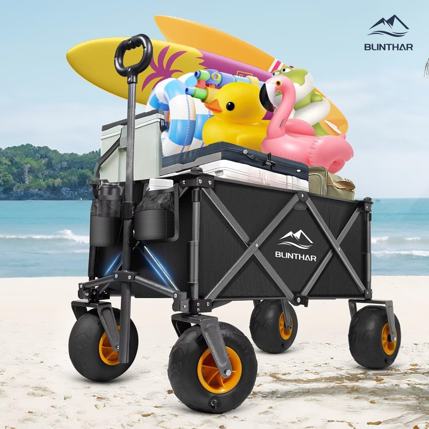 Beach Wagon, Heavy Duty Collapsible Folding Wagon with All-Terrain 9 Pneumatic Tires  Drink Holders, Utility Grocery Wagon for Garden Sports Camping Outdoor Activities