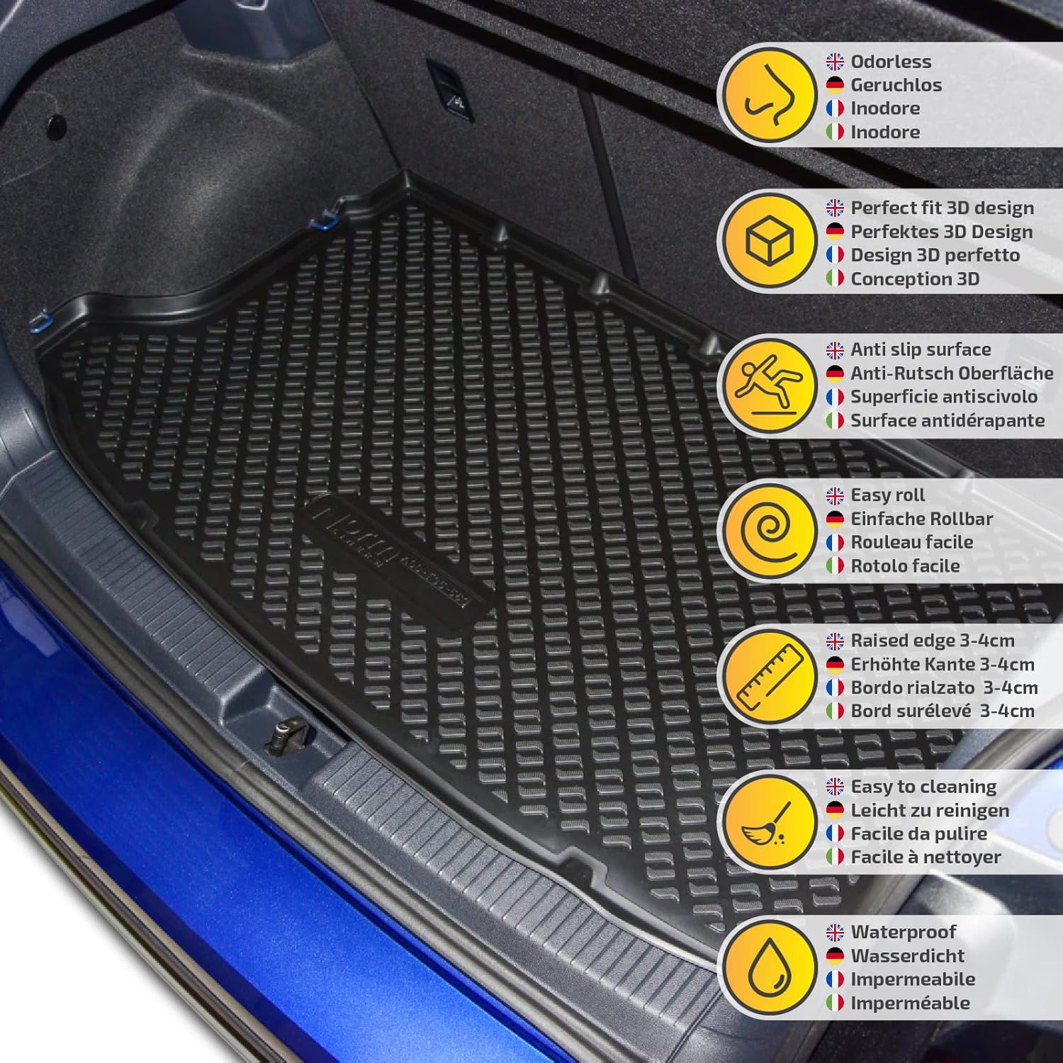 J&J AUTOMOTIVE Rubber Boot Liner Vehicle Specific for 2018 Onwards (Upper Floor), Non-Slip, Perfect Fit, Rollable, Black