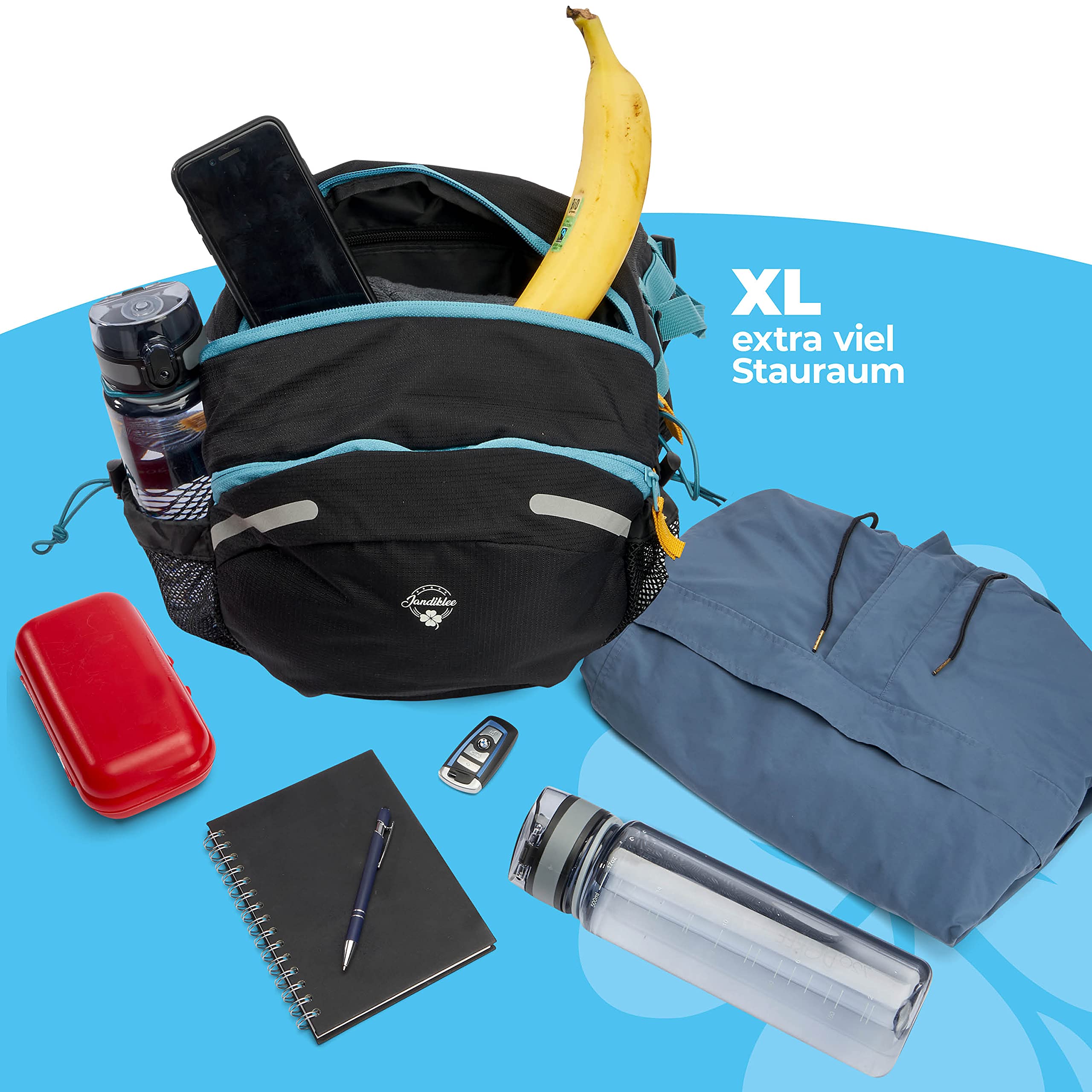 Riñonera Deportiva Grande 9 litros, cinturón Ancho, Cierre de Velcro, portabotellas, Hombre, Mujer, Senderismo, Ciclismo, adiestramiento de Perros (Turquesa-Amarillo)
