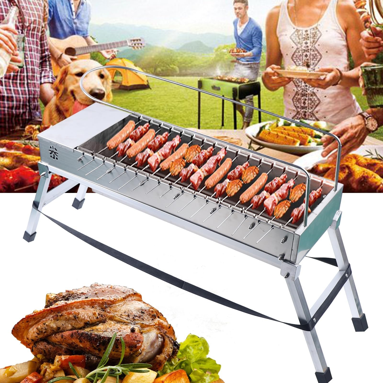 Automatyczny obrotowy grill z dwuwarstwową składaną konstrukcją, przenośnym uchwytem, torbą do przechowywania i akcesoriami do gotowania na świeżym powietrzu