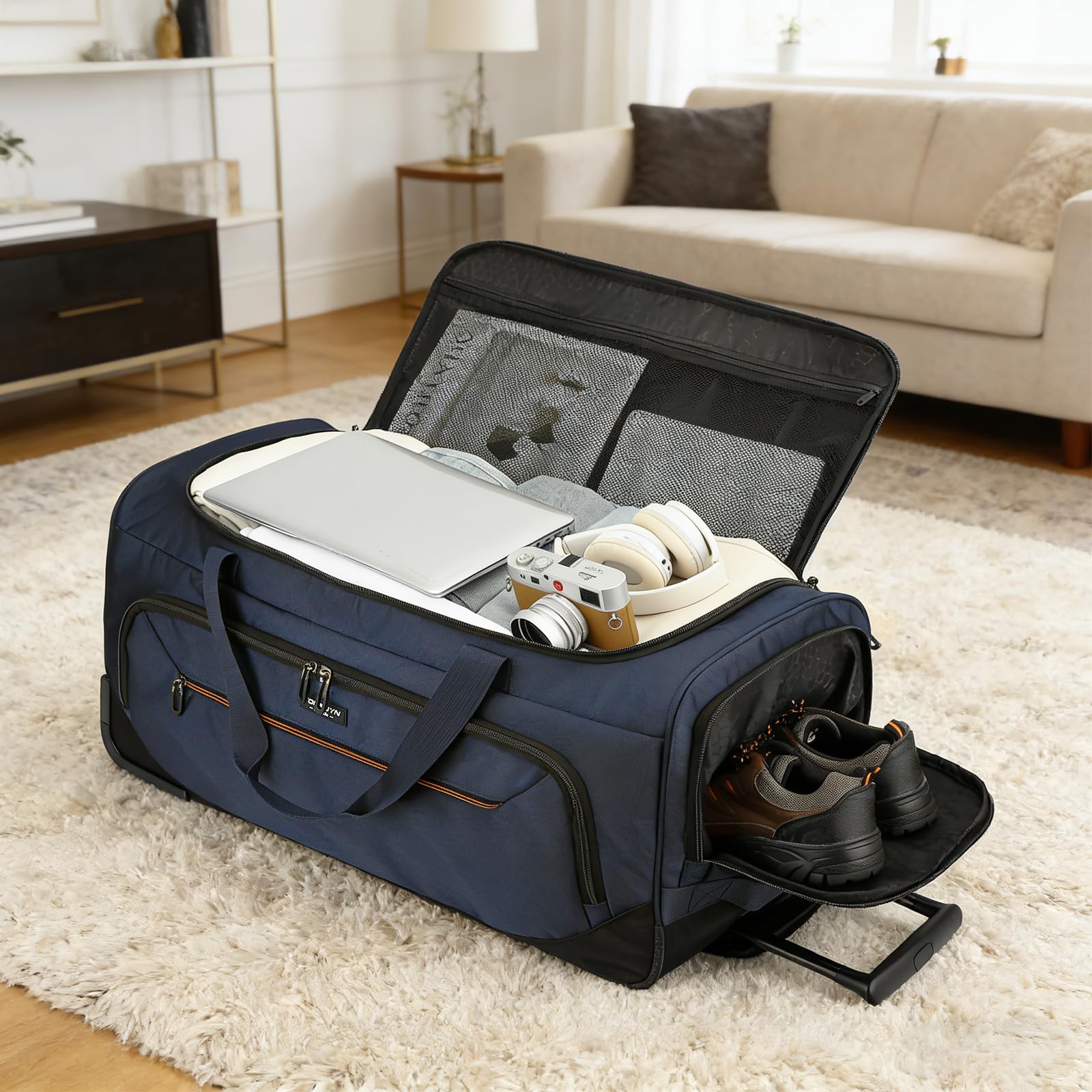 Reisetasche mit Rollen Groß Trolley Reisetaschen mit Schuhfach und Nassfach für Herren Damen Weichgepäck Rolltasche mit Teleskopgriff für Camping Urlaub Sport, 74 cm, 85 Liter Blau