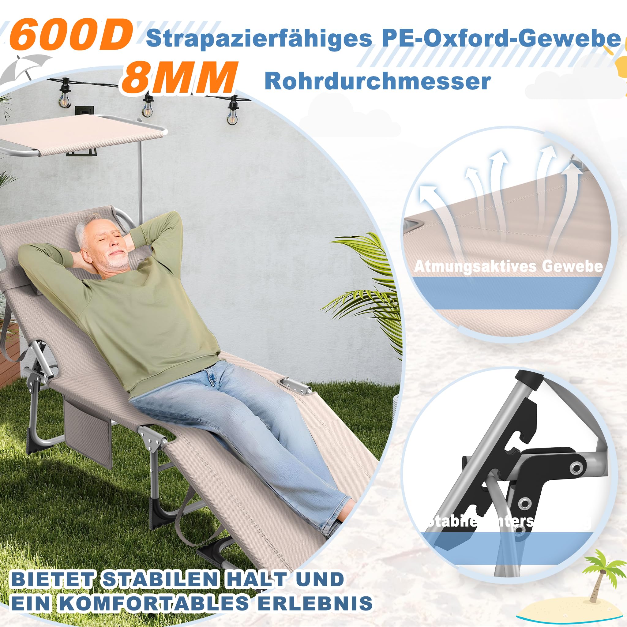 AufuN Sonnenliege Klappbar mit Dach und Seitentasche 195x68 cm Schwarz | Wetterfeste Gartenliege, stabile Strandliege, Sonnenschutz & verstellbare Rückenlehne, bis 100 kg, ideal für Terrasse Campin