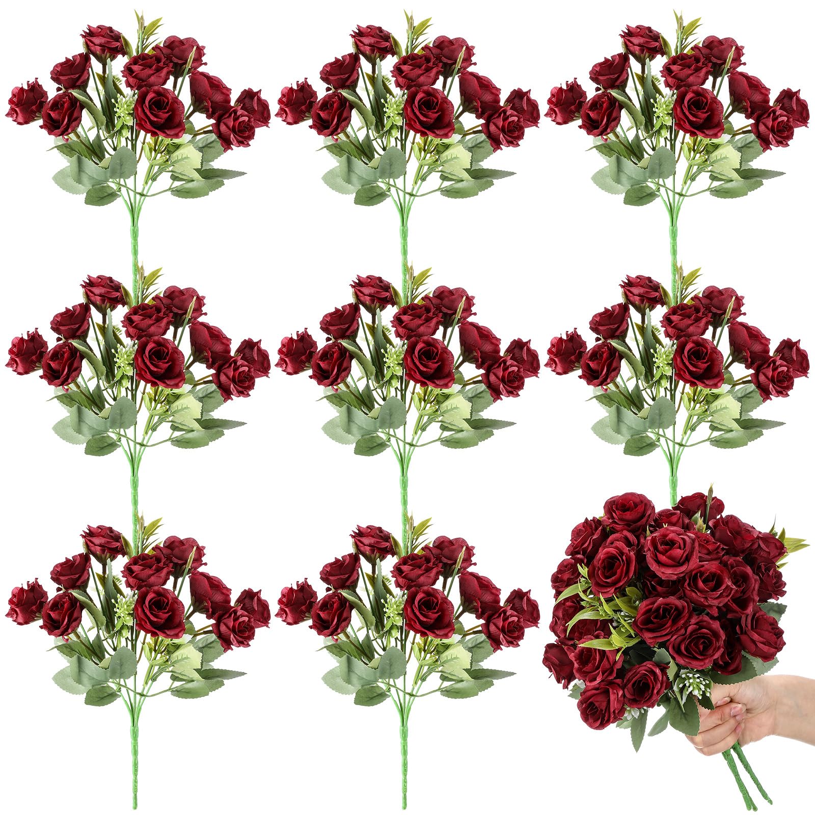 Zeyune 8 Pack 12 Inch Wedding Bouquets for Bride Bridesmaid Burgundy Artificial Rose Bouquet Fake Silk Roses Flowers Bunches Bulk for Home Office Garden Parties Decoration