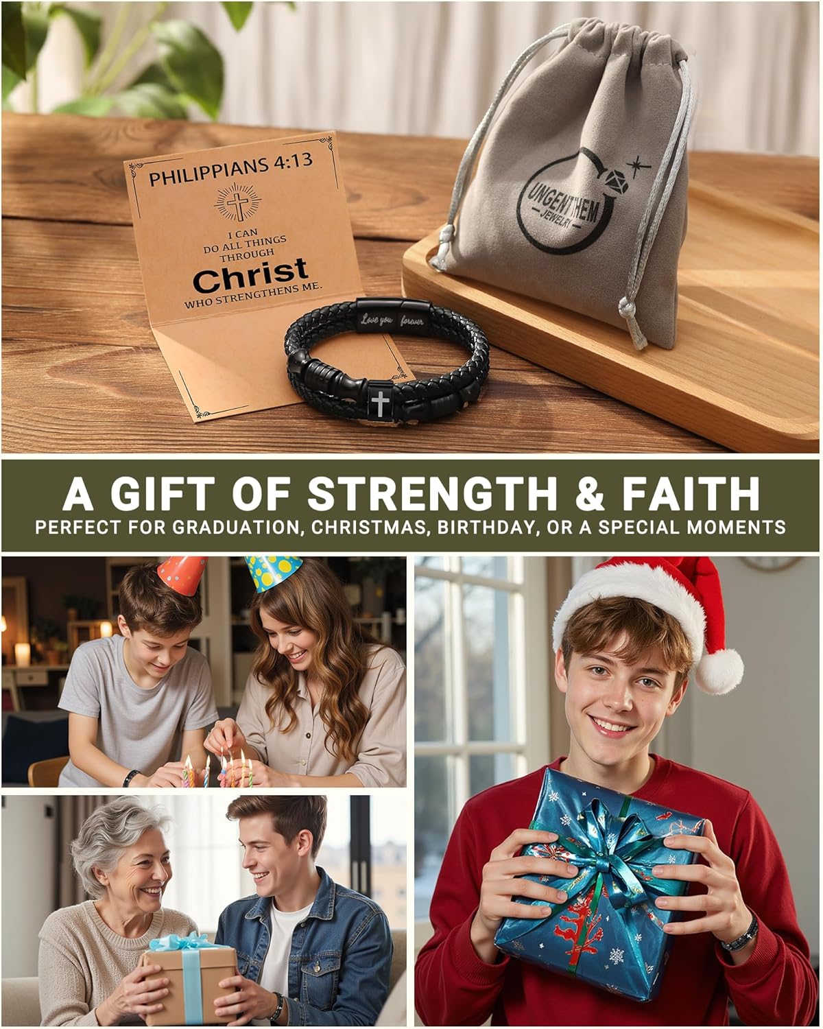 UNGENT THEM Mens Leather Cross Bracelet-Christian Baptism Confirmation Easter Christmas Birthday Gifts for Boys Him - Image 6