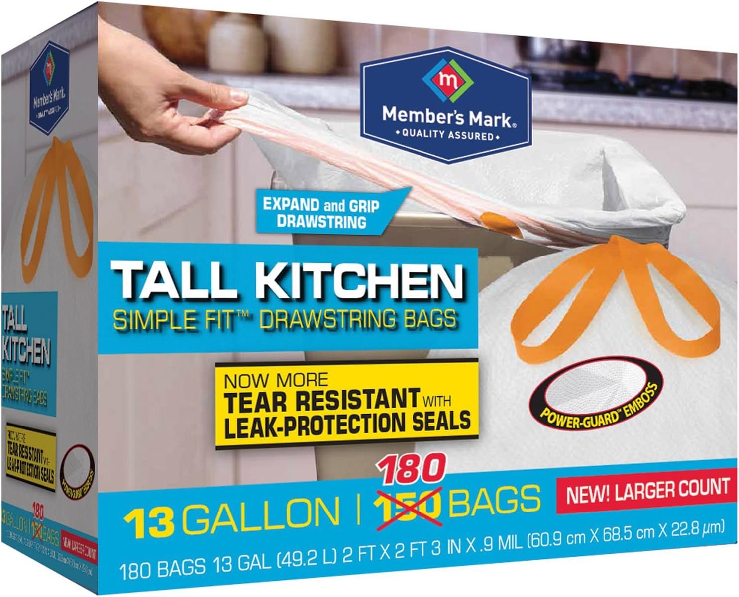 Member Mark 13 Gal. Tall Kitchen Drawstring Trash Bags, 180 Count (Pack of 12)
