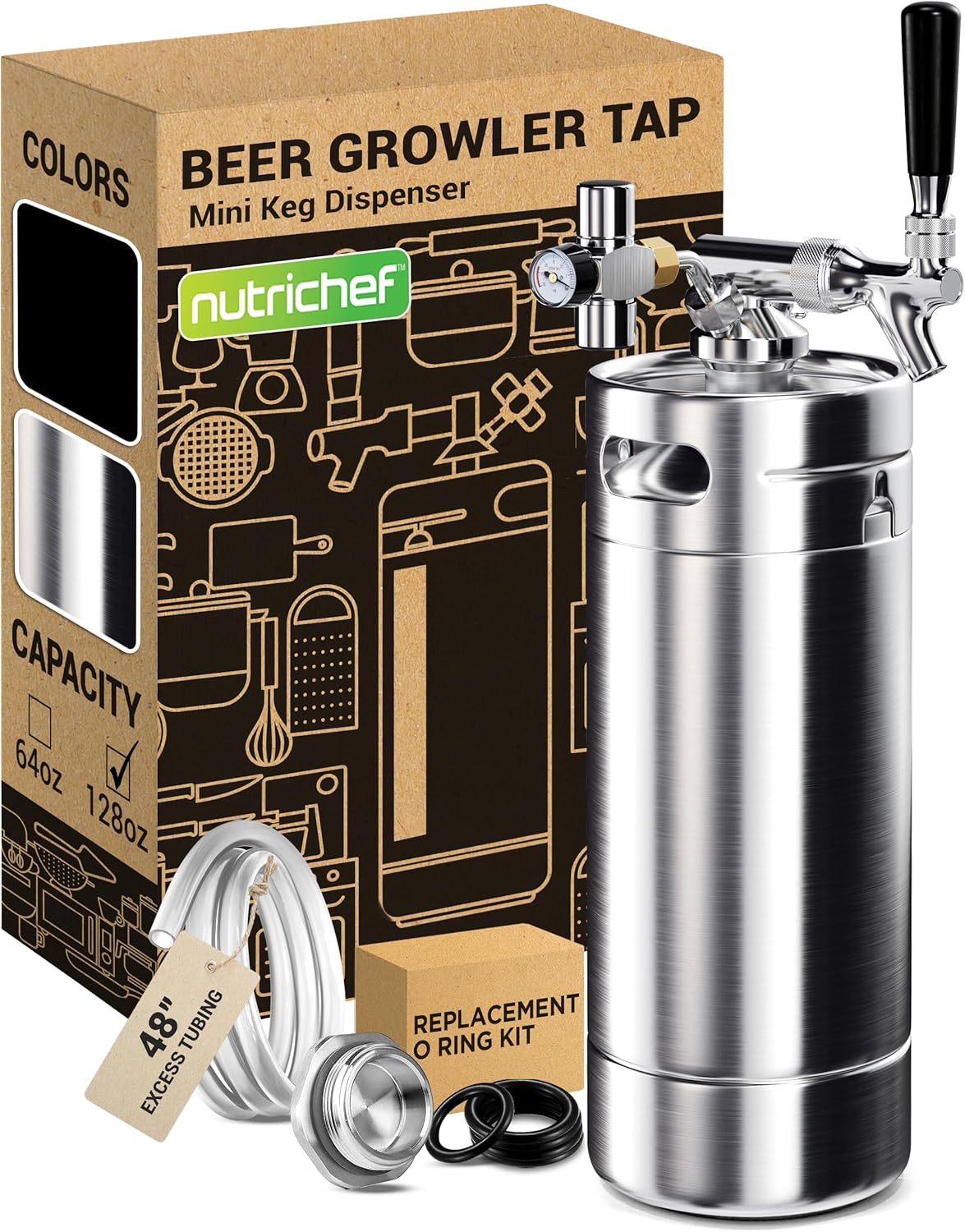 NutriChef Pressurized Growler Tap System, 128oz Stainless Steel Mini Keg Dispenser Portable Kegerator Kit, Co2 Pressure Regulator Keeps Carbonation for Craft Beer, Draft and Homebrew