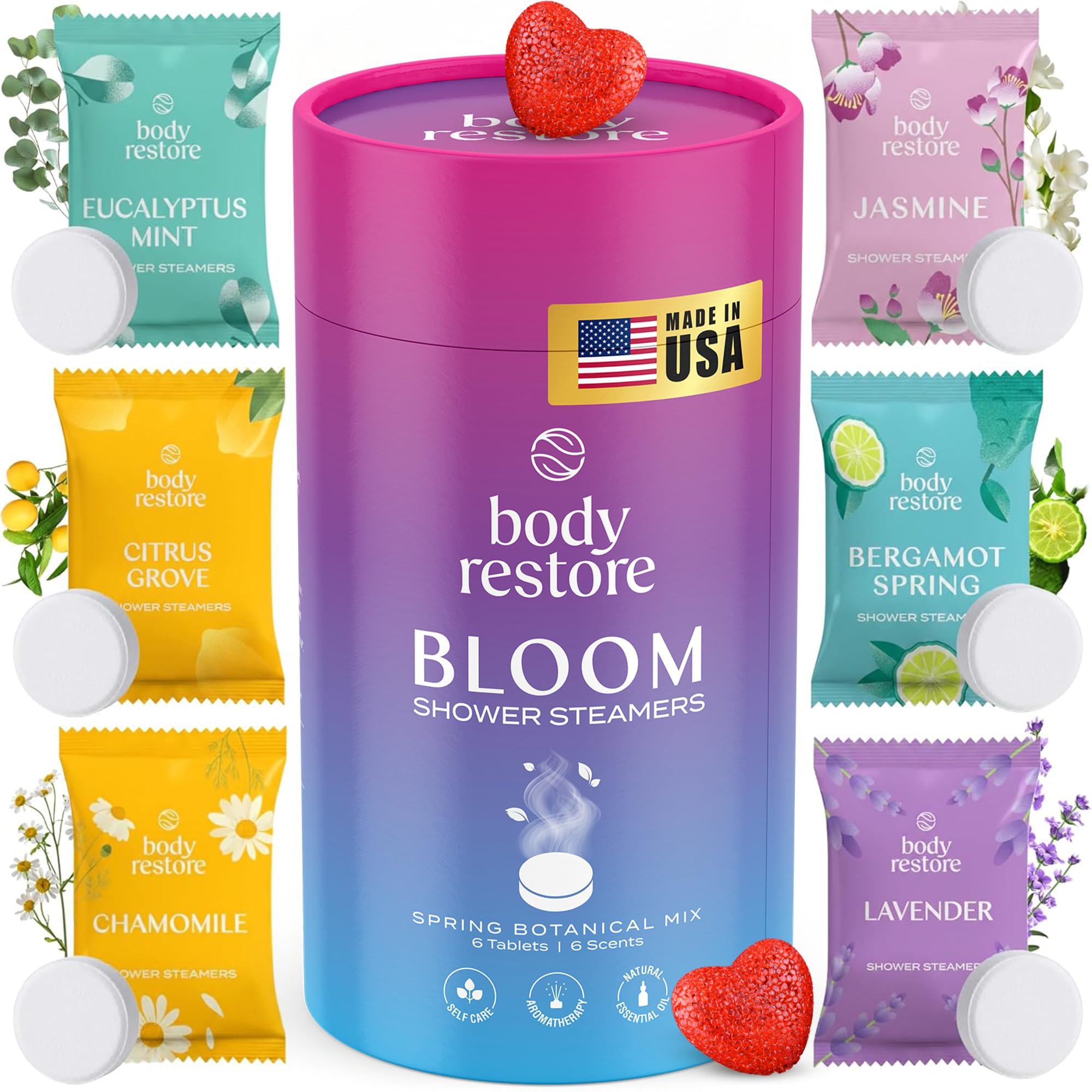 Body Restore Shower Steamers Aromatherapy 6 Pack – Valentines Day Gifts for Her and Him, Birthday Gifts for Women and Men, Relaxation, Stress Relief, Self Care – Bloom