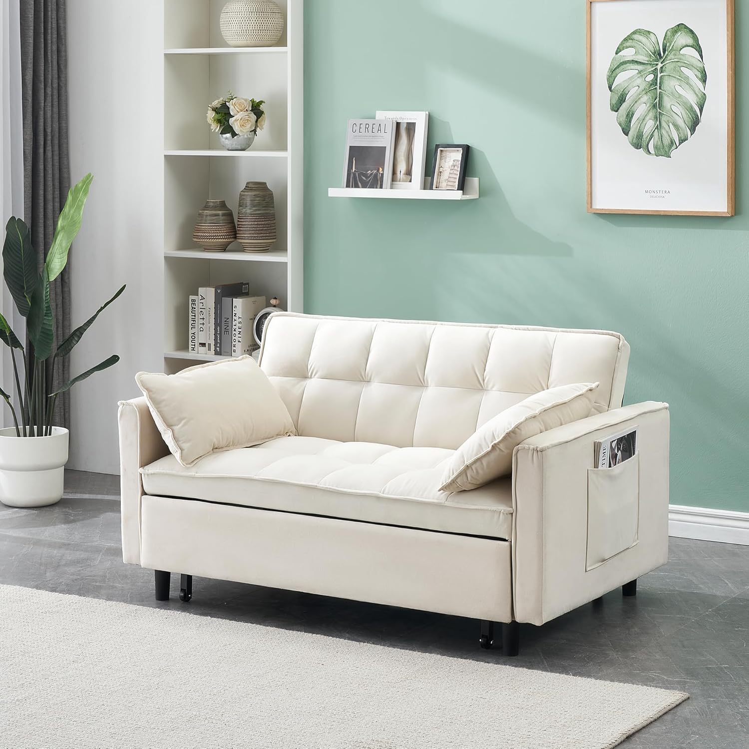 55" Modern Velvet Loveseat Sleeper Sofa, 3-in-1 Convertible Pull-Out Bed with Adjustable Backrest, 2 Pillows & Side Pockets, Small Pull Out Couch for Living Room, Apartment(Beige)