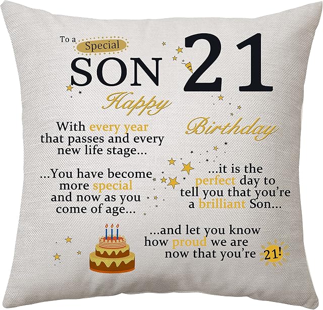 Son 21st Birthday Cushion Cover for Boys Men Personalited Pillowcase Son Gifts from Mom and Dad Proud of Son Throw Pillow Cover Gifts (Son 21st Birthday)