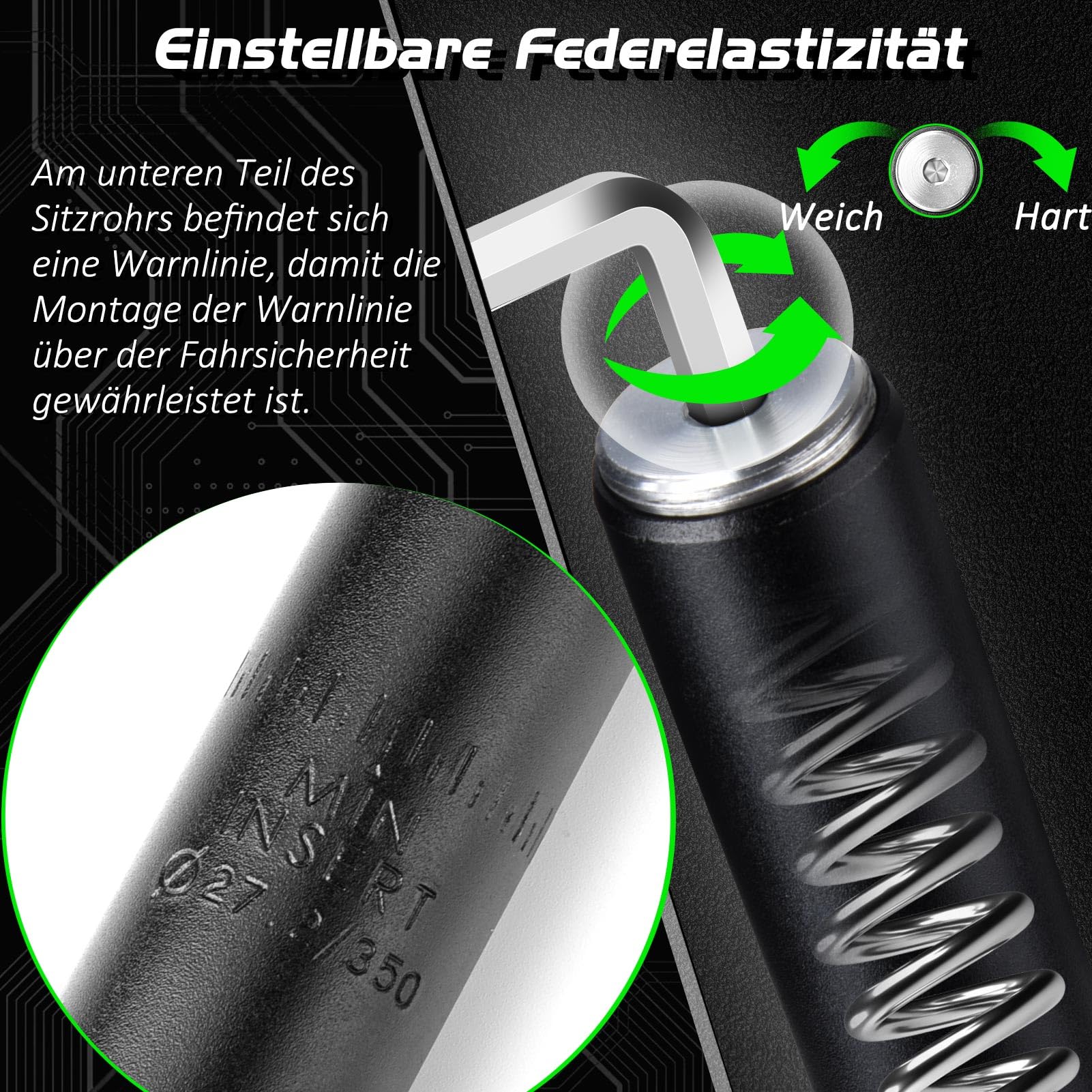 MILFECH Sattelstütze Gefedert [Ø27,2 / 30,9 / 31,6] , Spring Federsattelstütze mit 2 Distanzhülsen,Fahrrad Sattelstange Tragend 55-125kg -Ab jetzt Schmerzfrei,für E-Bike,MTB,Downhill,Trekking Citybike