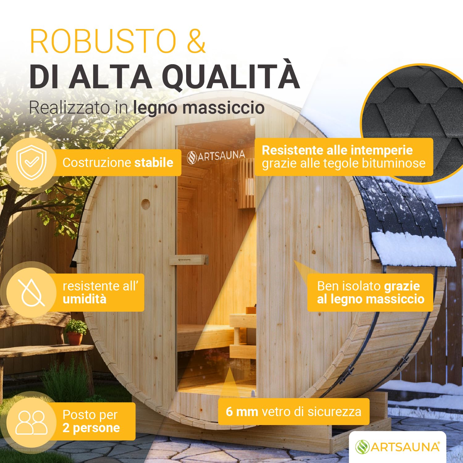 Artsauna Sauna a botte per esterni Spitzbergen 120 per 2 persone – stufa da 3,6 kW, pietre per sauna e accessori – botte per sauna in legno di abete – sauna esterna da giardino
