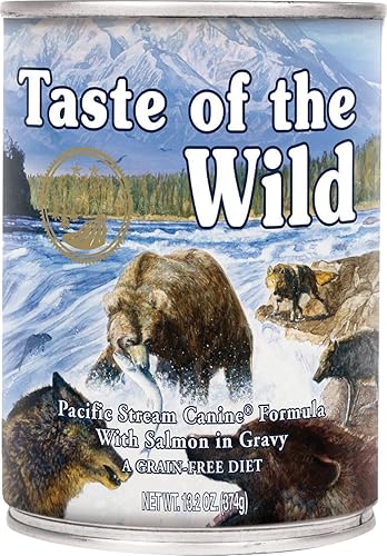 Taste of the Wild Pacific Stream - Paquete de 12 latas de comida húmeda de salmón en salsa para perros, 13.2 onzas Ea. Entrega rápida Just Jak's Pet