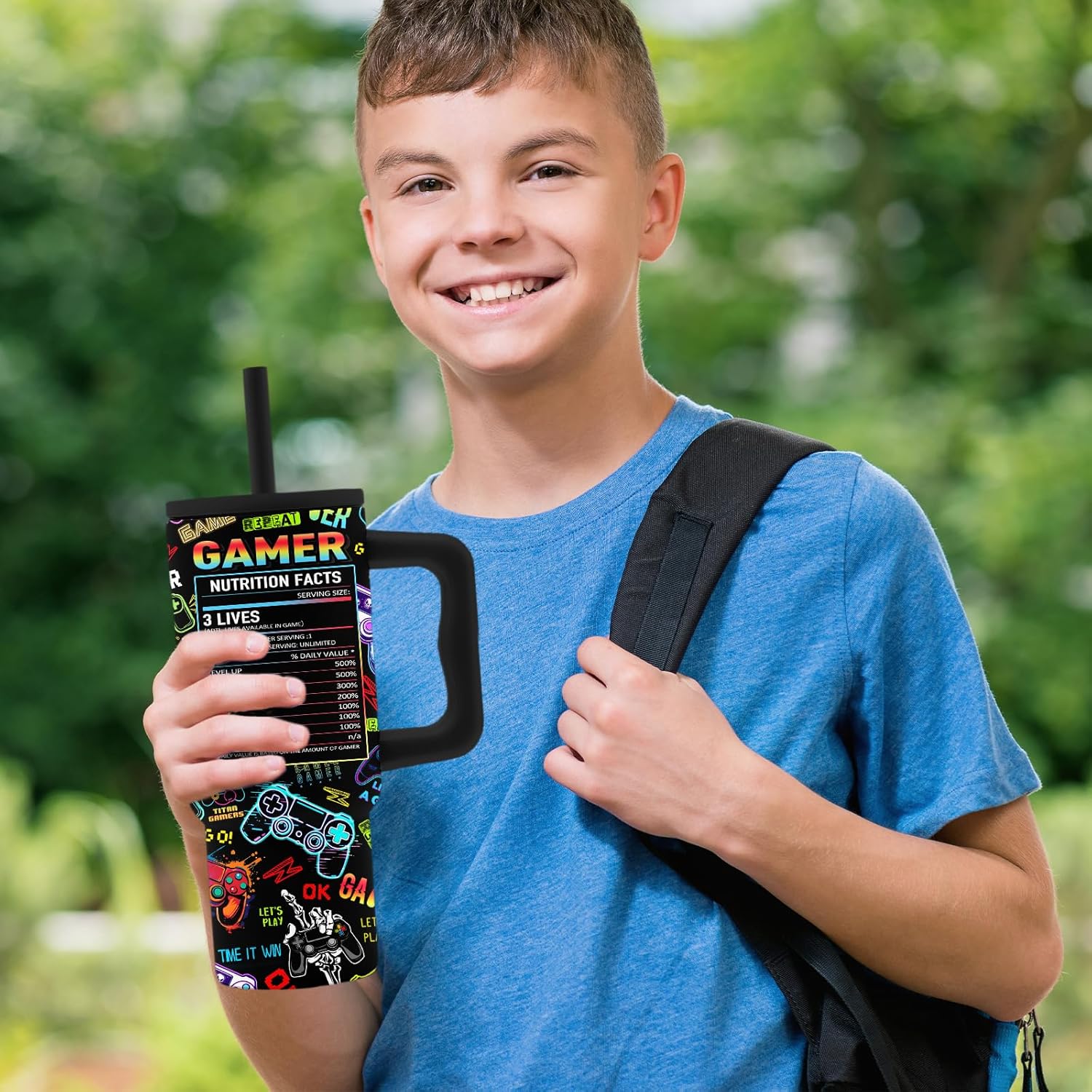 Hiboss Gamer Gaming Gifts for Men Boys, Gaming Tumbler with Handle and Straw 24oz, Insulated Stainless Steel Gamer Game Cup, Birthday Presents for Kids, Teens, Boys, Men, Son, Husband - Image 2