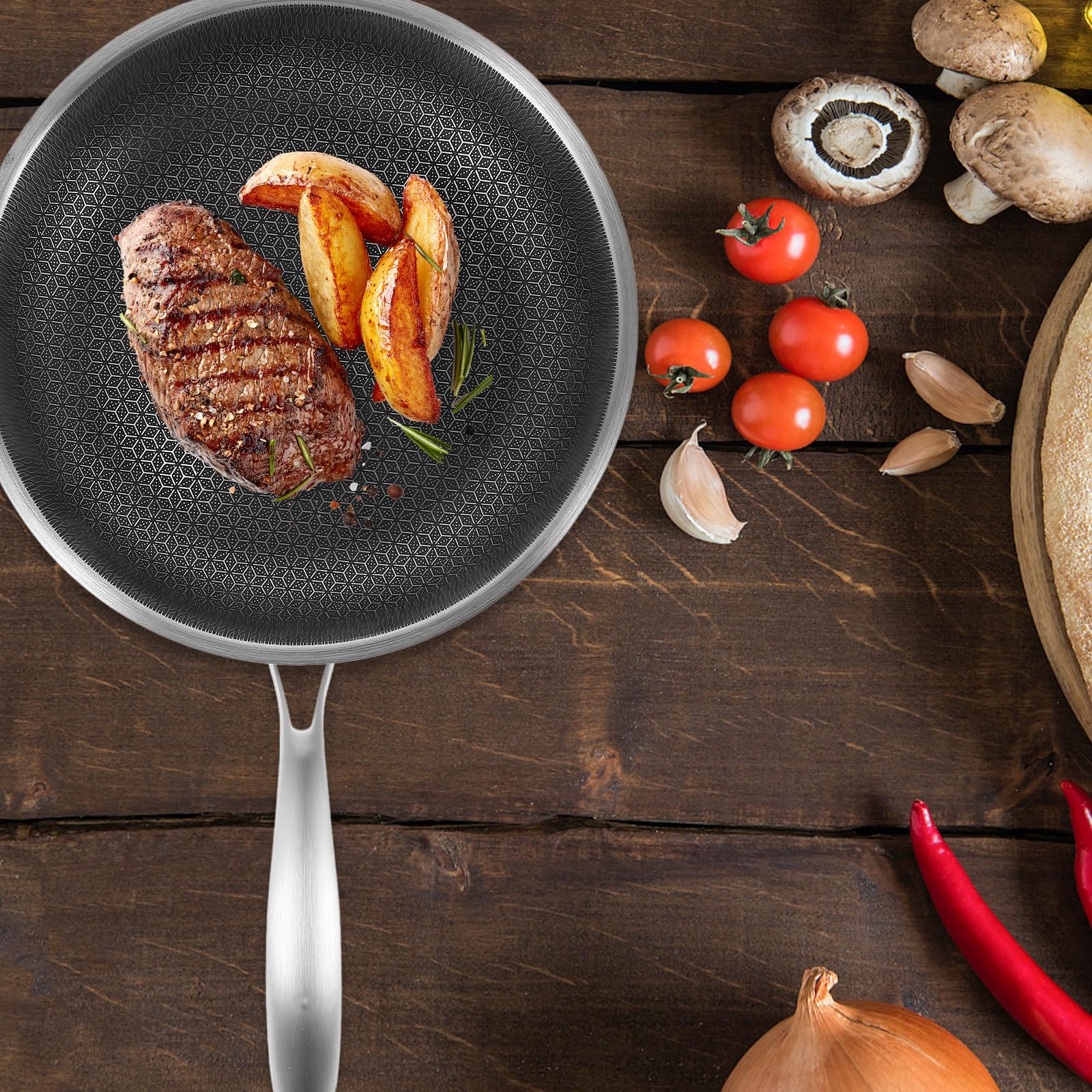 Abaodam Pentola Wok in Acciaio Inox 28cm a Nido D’ape Antiaderente Manico Ergonomico, Padella Wok per Fornello a Induzione, per Grigliare e Cucinare Carne e Verdure