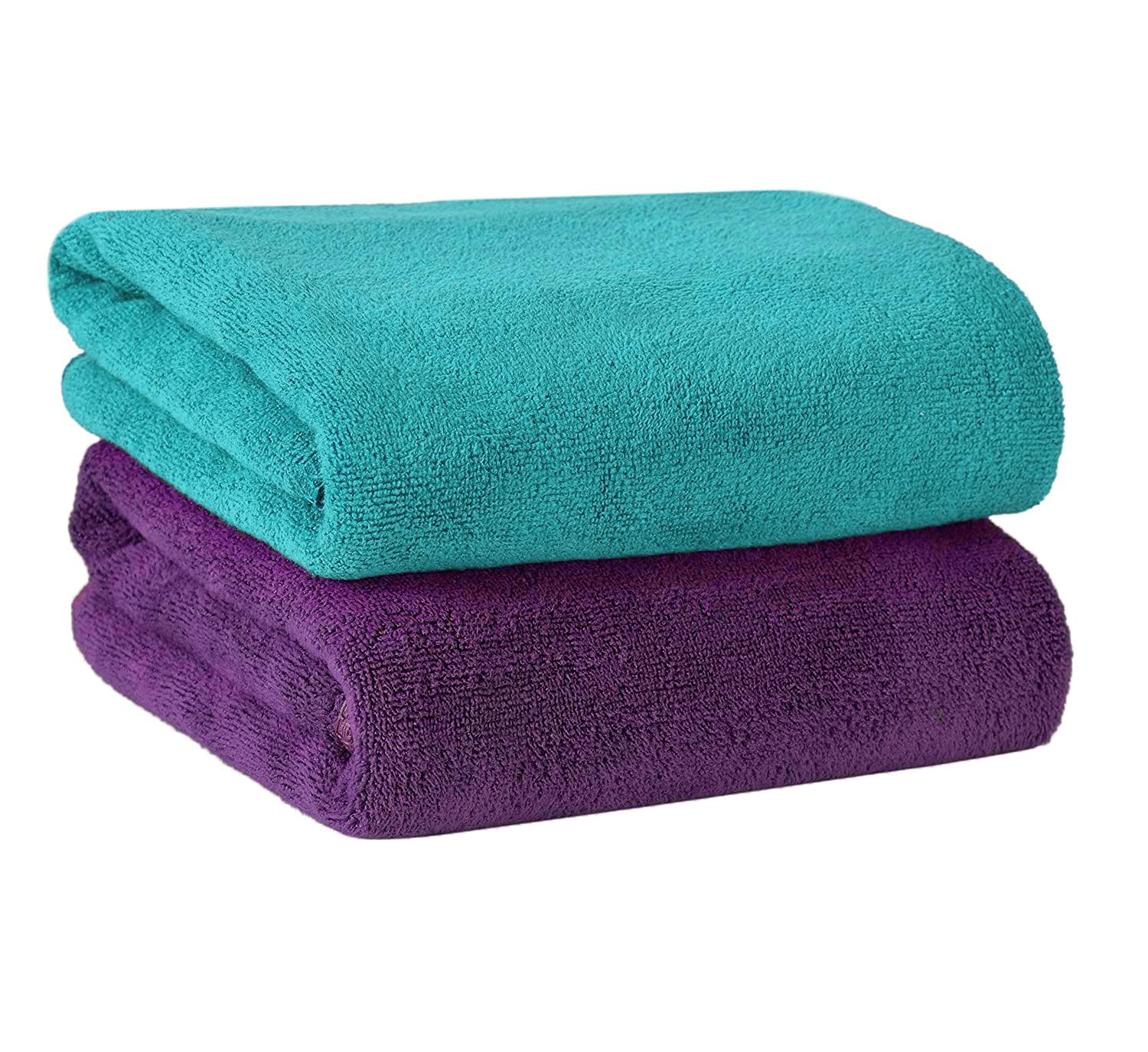 2-Piece Microfiber Bath Sheet 80x160cm Soft and Durable Microfiber Beach Towel Super Absorbent and Fast Drying Microfiber Bath Towel Large for Sports, Travel, Fitness and Yoga (Purple/Turquoise)