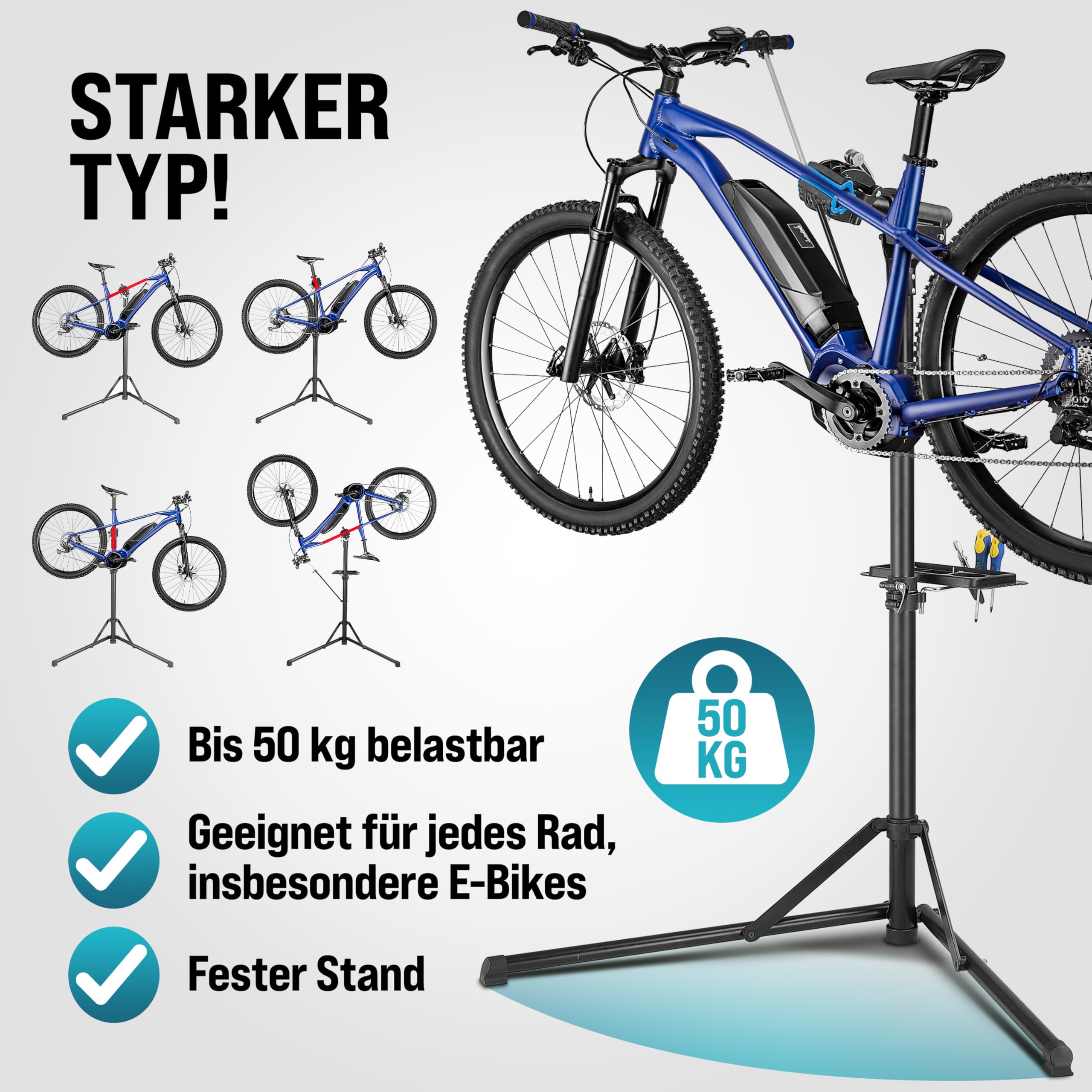 Monzana® Fahrradmontageständer Profi 50 kg für E-Bike Tragetasche Reifenheber Werkzeugablage Stahl klappbar höhenverstellbar Reparaturständer Fahrrad