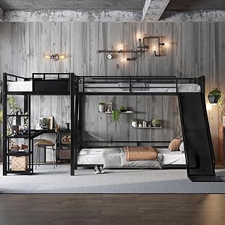 L-Shaped Metal Bunk Bed with Storage and Slide, Space-Saving Triple Bunk Bed with Desk for Teens, Black (Top Bed