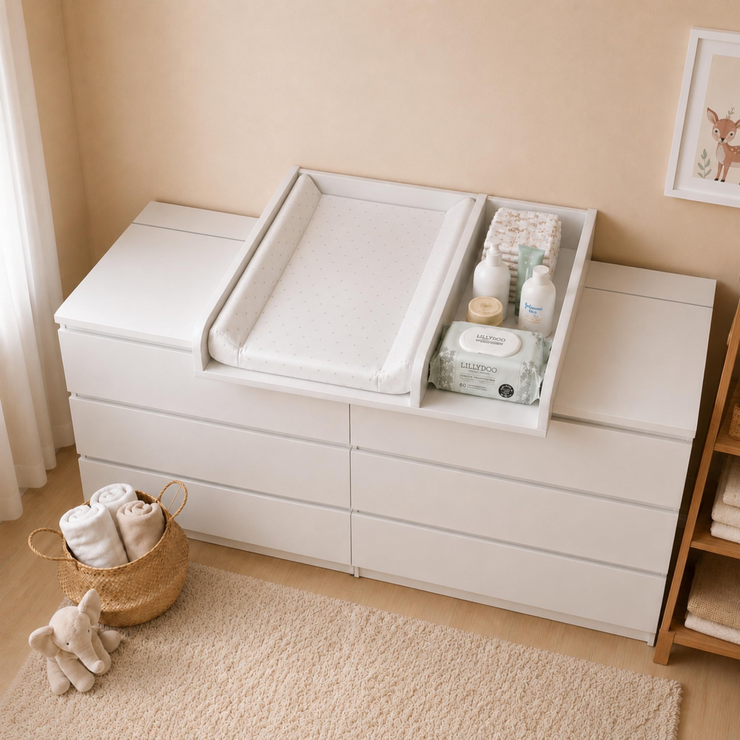 Cambiador con Compartimento y Panel 160cm, 80 x 70 cm, Blanco | Laterales Redondeados, Ajustable de 34 a 50 cm, Cambiador para Bebé, Cambiador para Cómoda