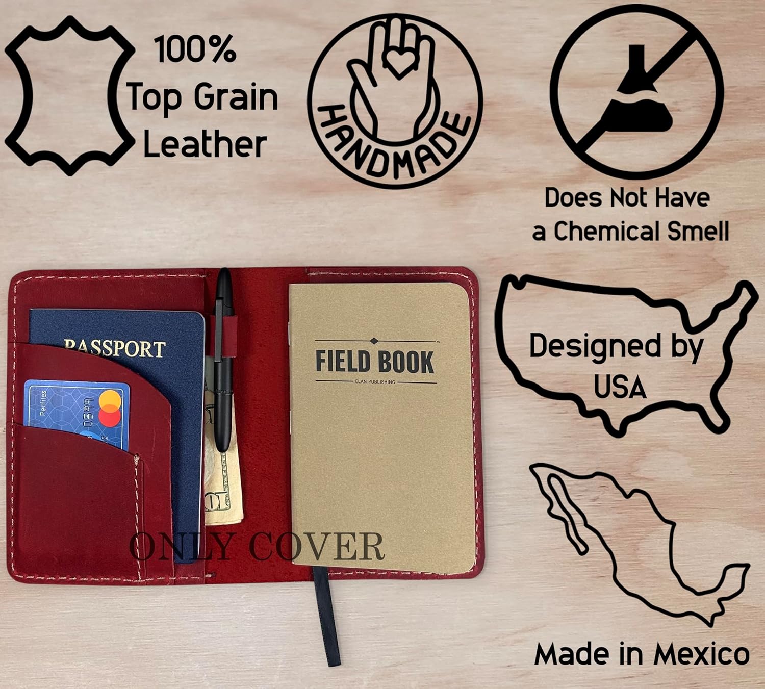 Thot Ra Leather Cover for Field Notes, Passport Cover, Leather Notebook Cover for 3.5" x 5.5" with Pen Holder, Only Cover (Red)