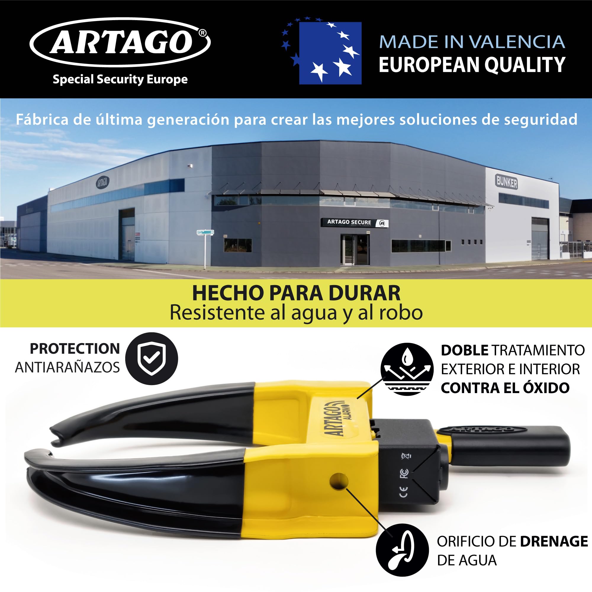 ARTAGO ART872 El Cepo Rueda Más Seguro y Disuasorio, Antirrobo Coche Remolque Caravana 2en1, Sin o Con Alarma 120db+LED Alerta Visible Noche, Doble Protección Antióxido Más Resistente, Universal