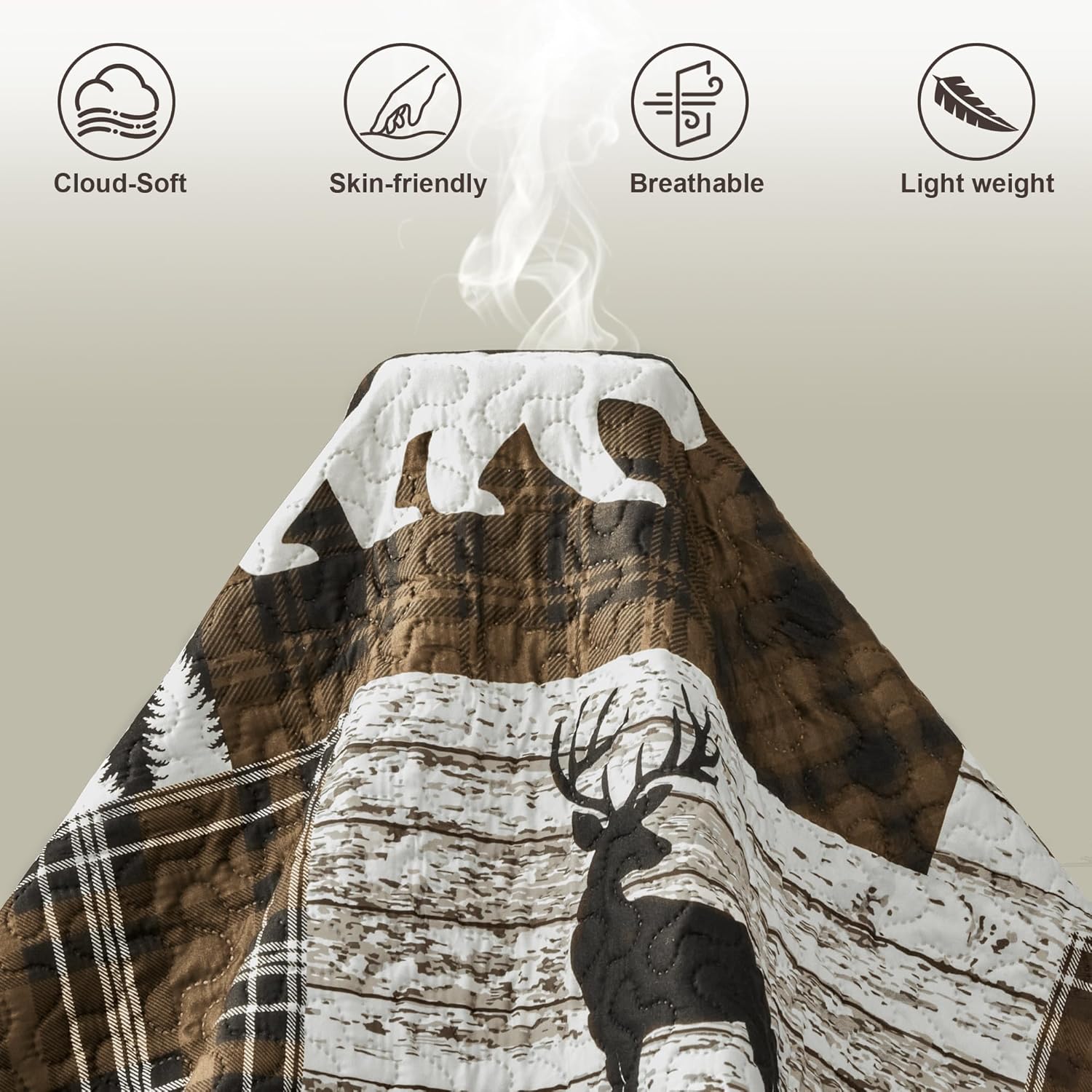 3 Piece Cabin King Size Quilt Sets Farmhouse Rustic Reversible Microfiber Soft Lightweight Bedspread Comforter with 2 Shams Patchwork Country Lodge Bedding Quilts Set for All Season, 106''x96'', Brown - Image 7