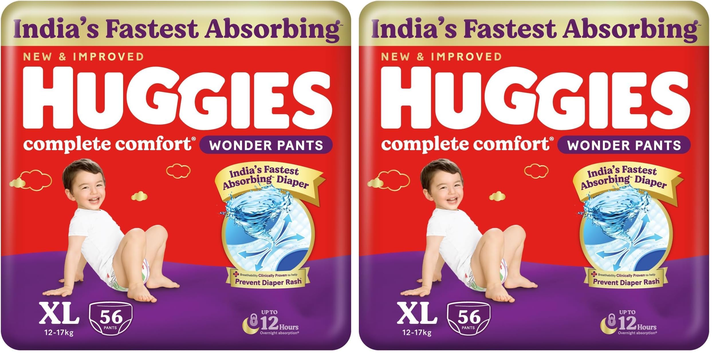 Huggies Complete Comfort Wonder Pants | Pant Style Baby Diapers Extra Large Size, 56 Count | India's Fastest Absorbing Diaper, Prevents Diaper Rash, Ideal for 12 to 17 Kgs (Pack of 2)