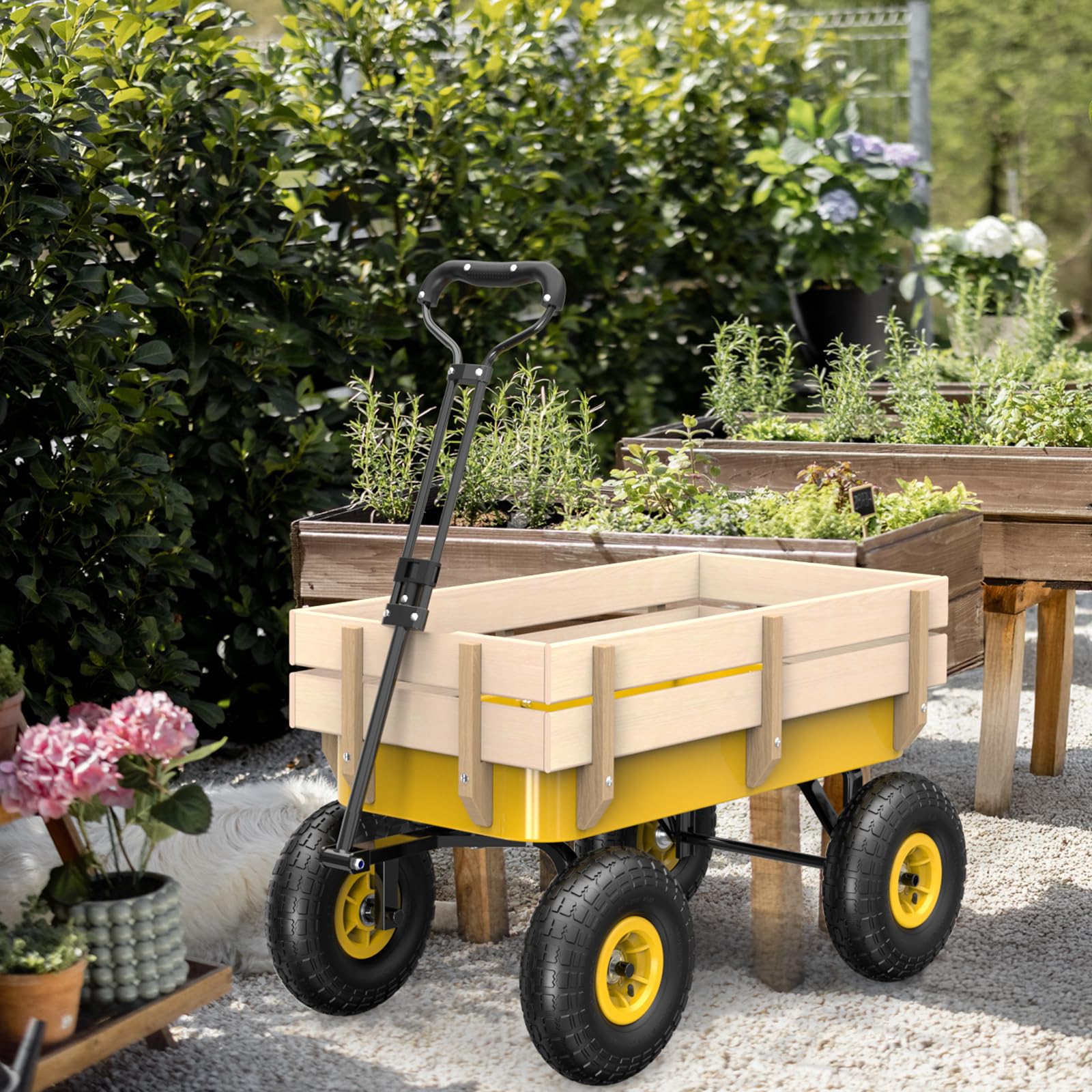 VINGLI Steel Garden Wagon Cart on Wheels, 330lb Load Capacity, Removable Heavy Duty Wooden Side Panels, with Extendable Handle and 10inch All-Terrain