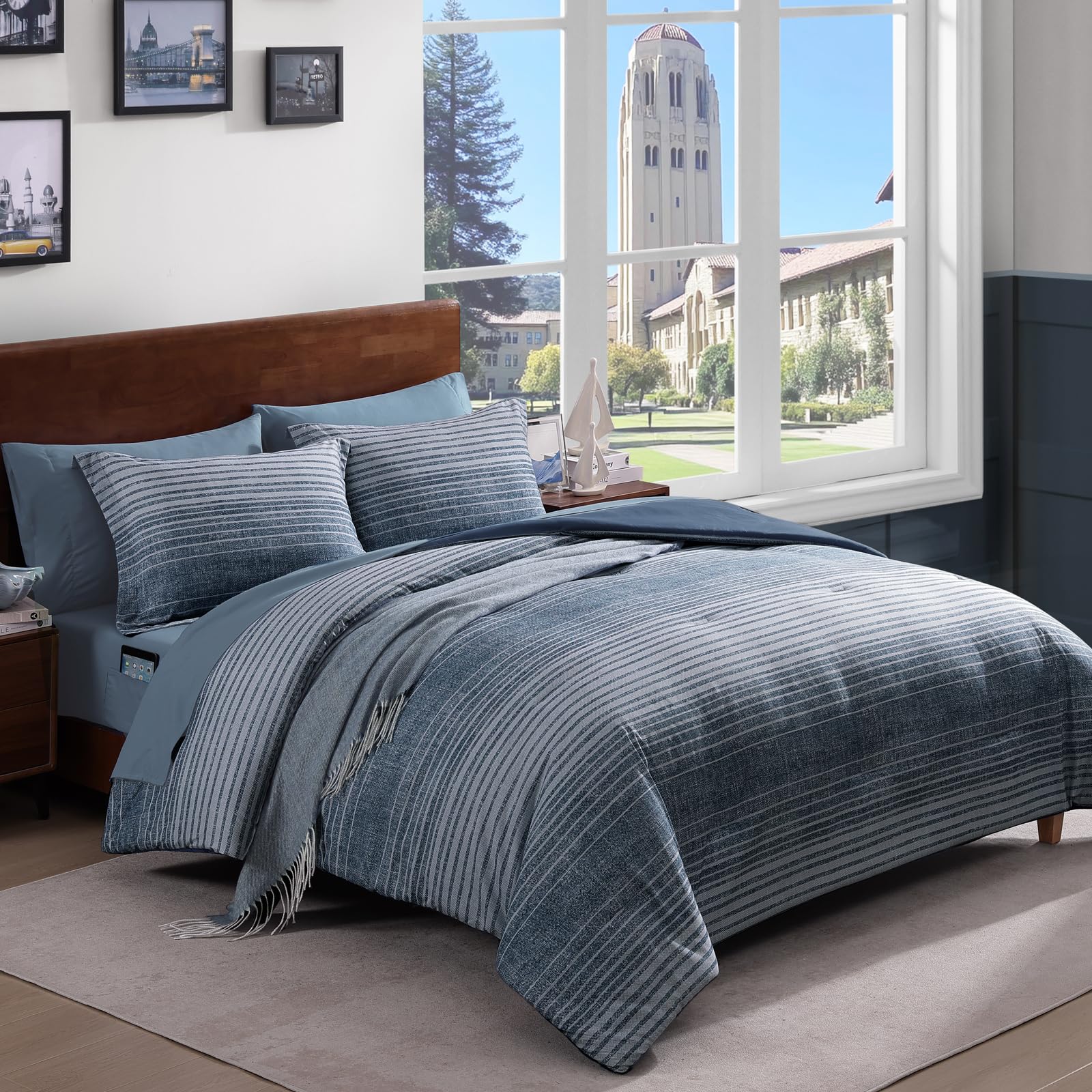 Photo 1 of AMBERSPACE Queen Comforter Set Striped, Lake Blue Bedding Set 7 Pieces for Boys Girls Teen, All Season Bed in a Bag for Dorm with Sheets, Pillowcases & Shams
