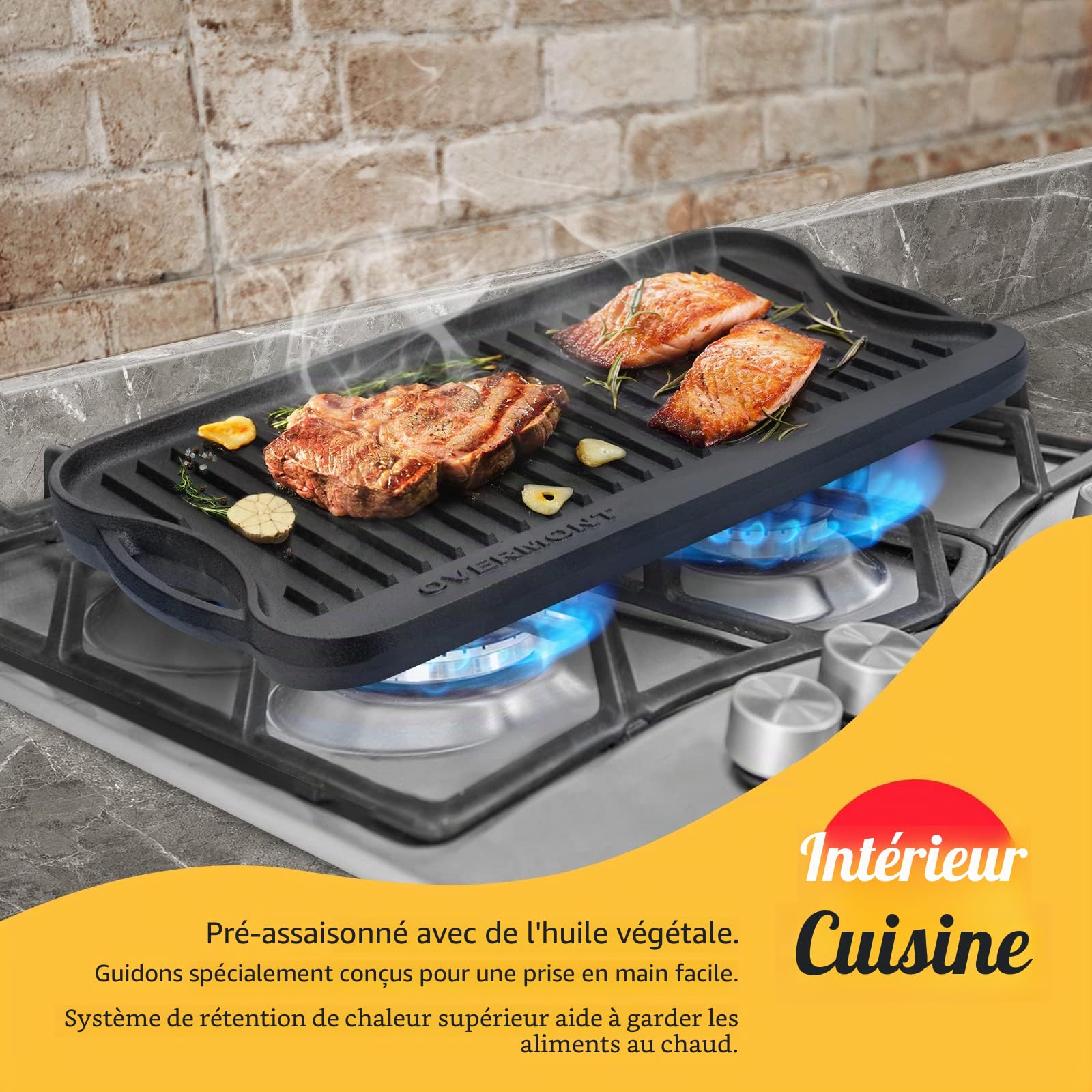 OVERMONT Poêle Grill Réversible en Fonte avec Poignées pour Cuisinière à Gaz