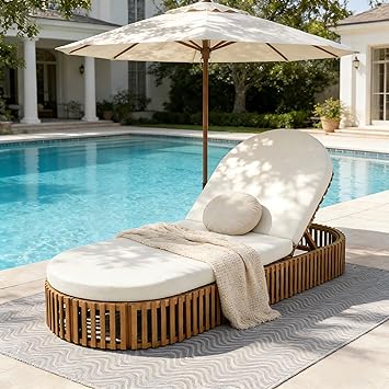 Merax Acacia Wood Chaise Lounge with Curved Cushion, Outdoor Sun Lounger for Patio, Poolside and Garden, Teak Finish Wood Recliner, 80.8″ L, Supports 300 lbs, Cream