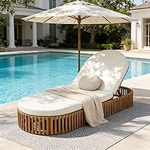Outdoor Acacia Wood Chaise Lounge with Cream Curve Cushion - Teak Finish, 300lbs Capacity, 80.8" L, for Patio, Poolside, Garden Curve Style