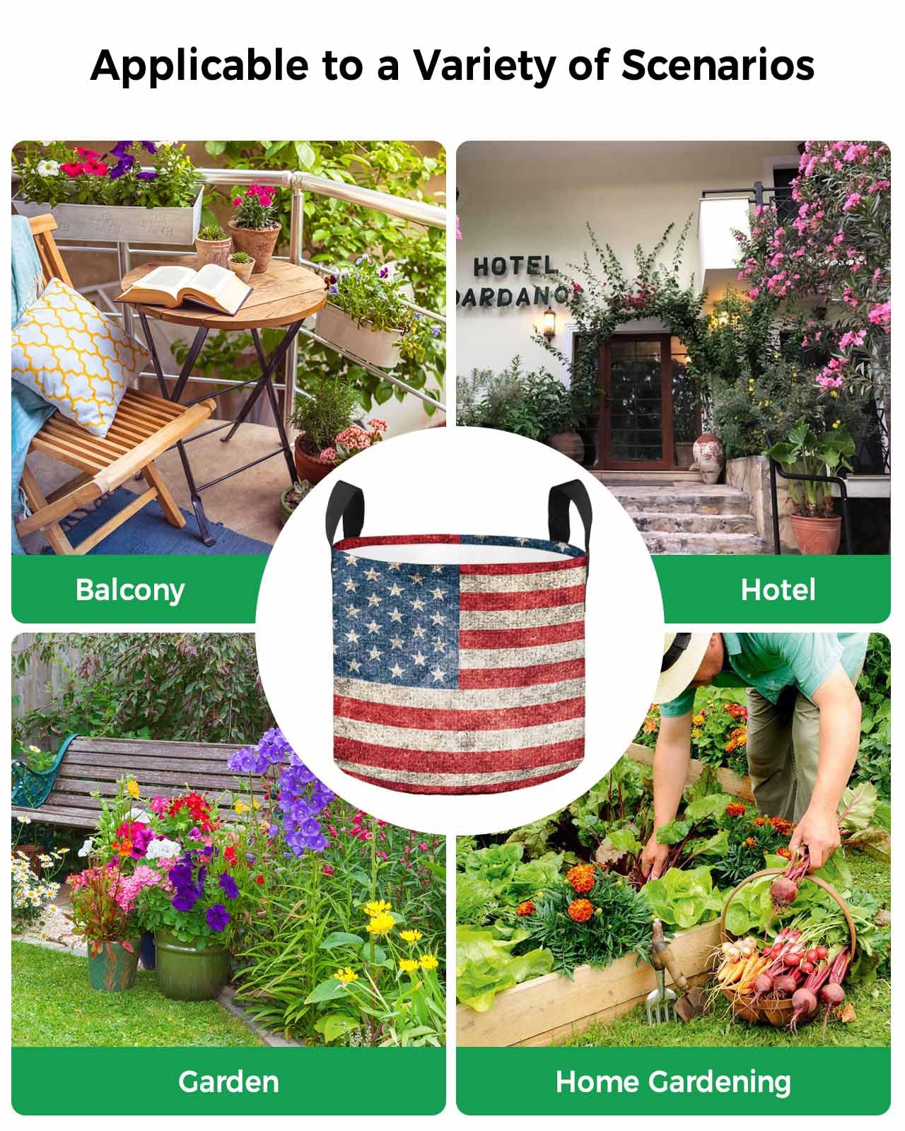 Sacs de culture de 5 gallons - Sac de plantation vintage - Drapeau américain - En tissu à rayures rouges - Avec poignée - Sac de culture pour légumes, pommes de terre, tomates, étoile patriotique sur