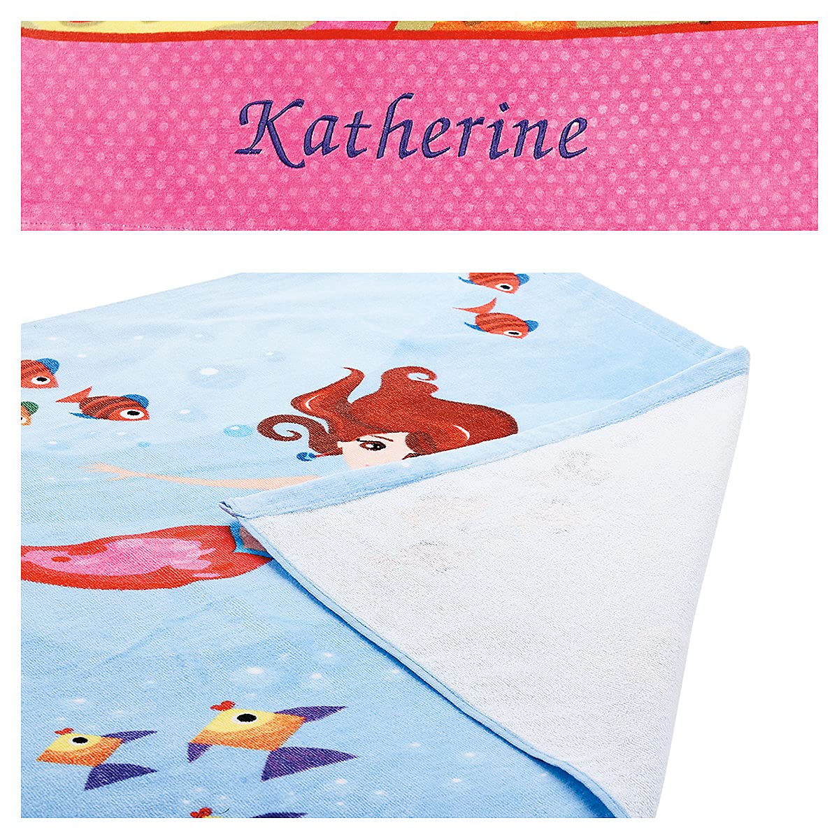 Lillian Vernon Mermaid Personalized Girls Towel - Custom Embroidered with Name or Monogram, Extra Large 30” x 60” Kids Towels, Quick Dry Design for The Beach, Pool, or Bath, Plush 100% Cotton
