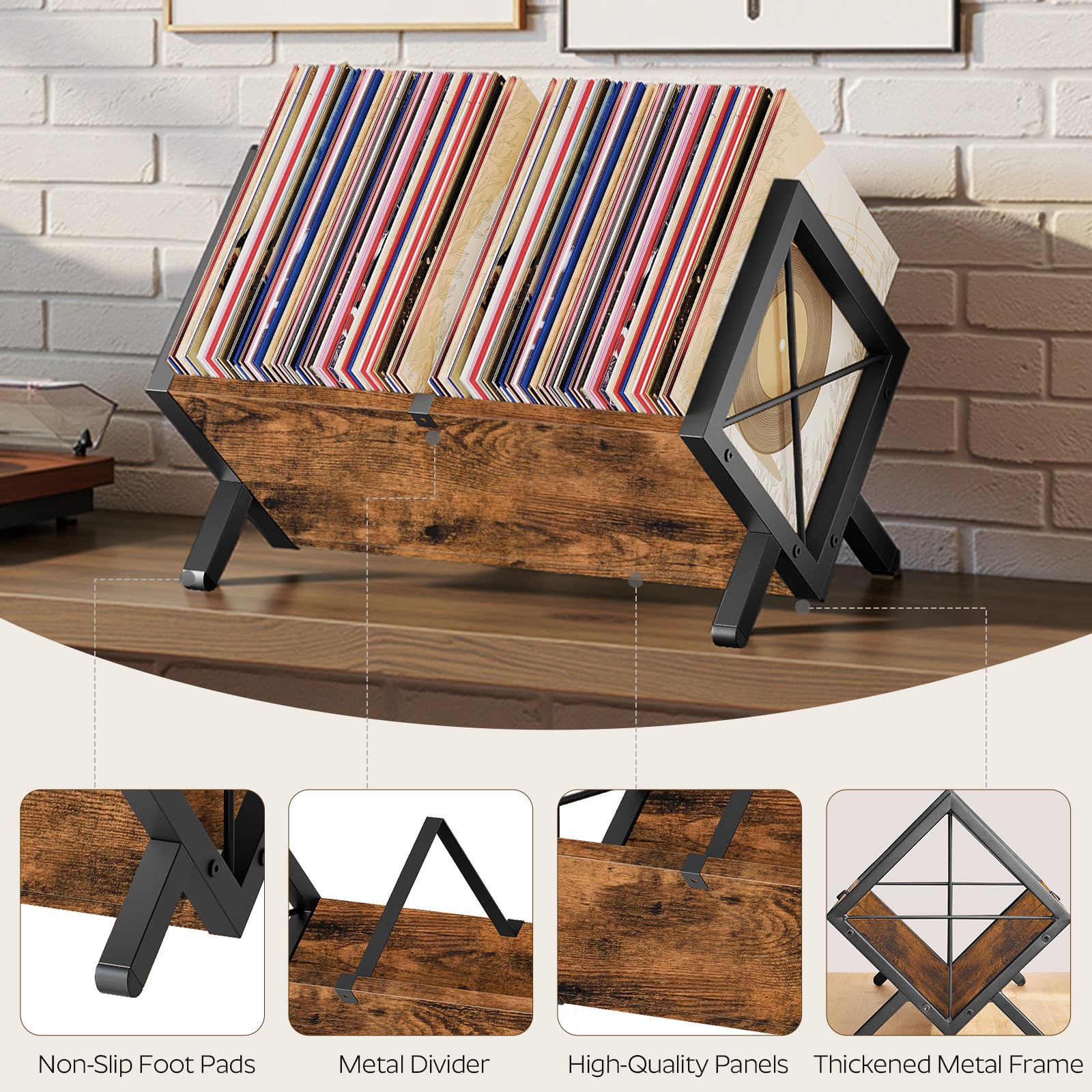 YATINEY Supporto per dischi in vinile, può contenere dischi da 80 a 100 LP, display in legno e metallo, organizer per dischi in vinile da montare rapidamente, per CD, libri, album, marrone rustico e