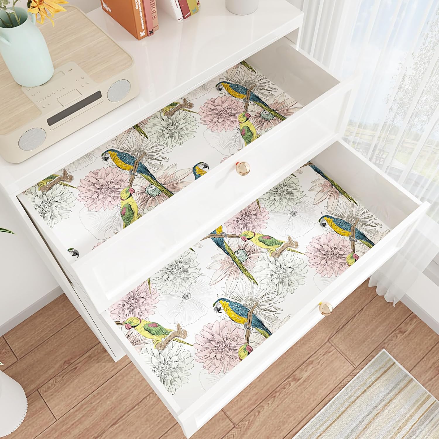 Pink Floral Wallpaper Peel and Stick Bird Wallpaper Vintage Blue/Green Parrot Contact Paper Chinoiserie Self Adhesive Contact Paper for Walls Bedroom Cabinets Renter Friendly 17.5"x102"