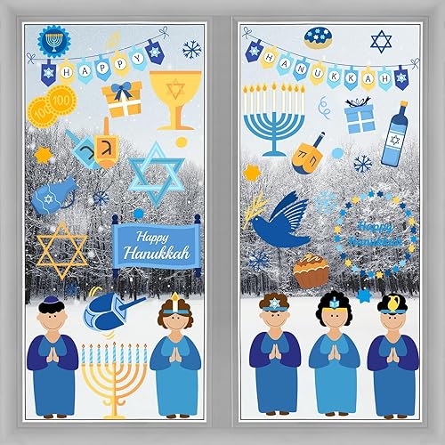 Miniatura 2 de 10 hojas de calcomanías de ventana de Hanukkah, 13 x 9.7 pulgadas, estrella de menorá azul-dorada, calcomanías de ventana de doble cara con diseño
