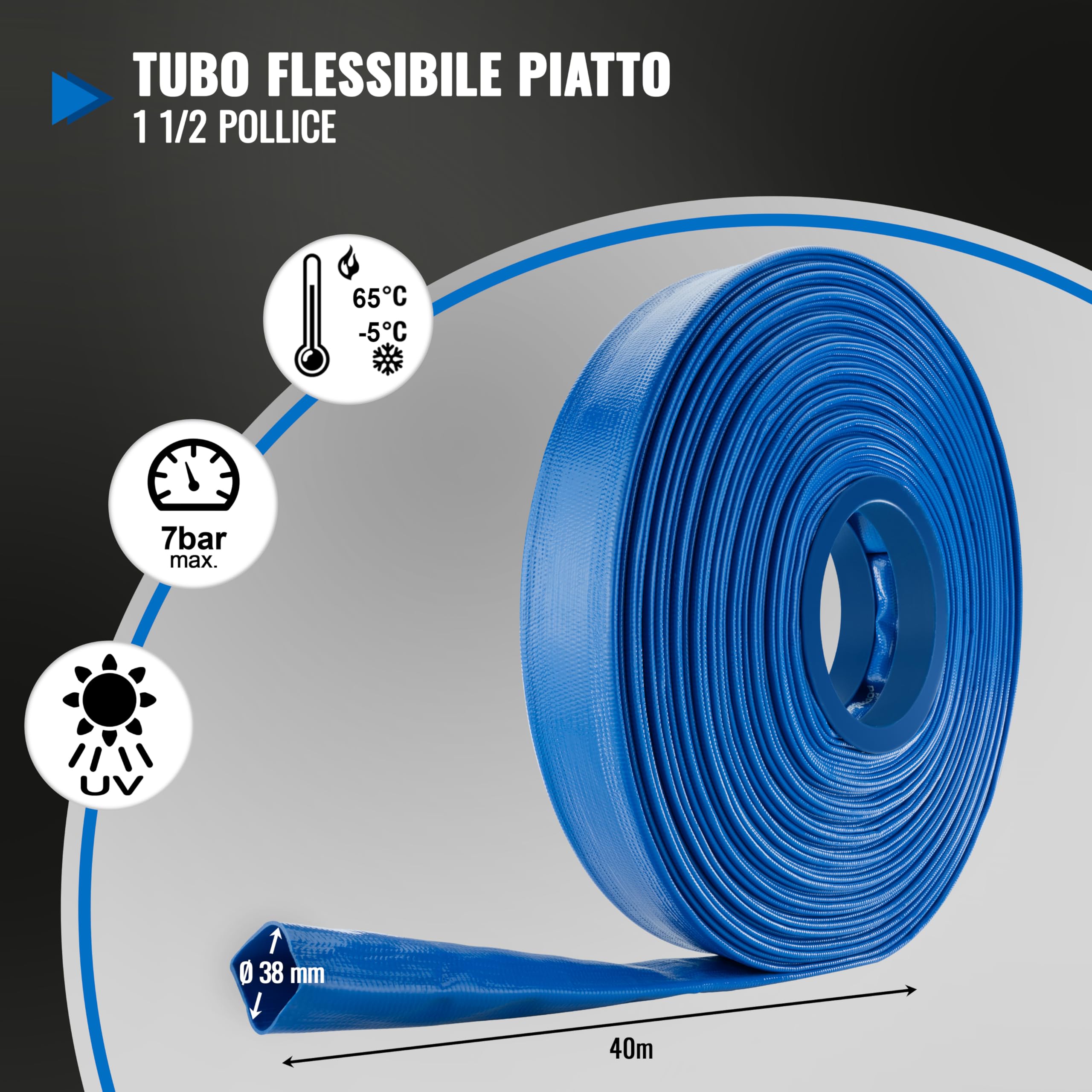Poppstar Tubo piatto PVC 40m, Ø 38mm (1 1/2 pollice), pressione di esercizio 7 bar, tubo di mandata, blu