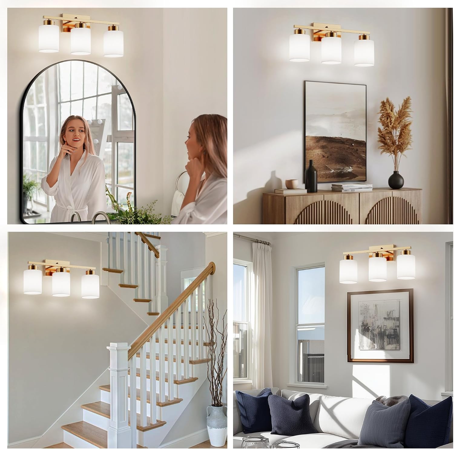 PARTPHONER 3-Light Brushed Gold Bathroom Light Fixtures, Modern Vanity Light Over Mirror Lighting, Wall Sconce with Frosted Milky White Glass Shades for Bedroom Living Room Kitchen Hallway